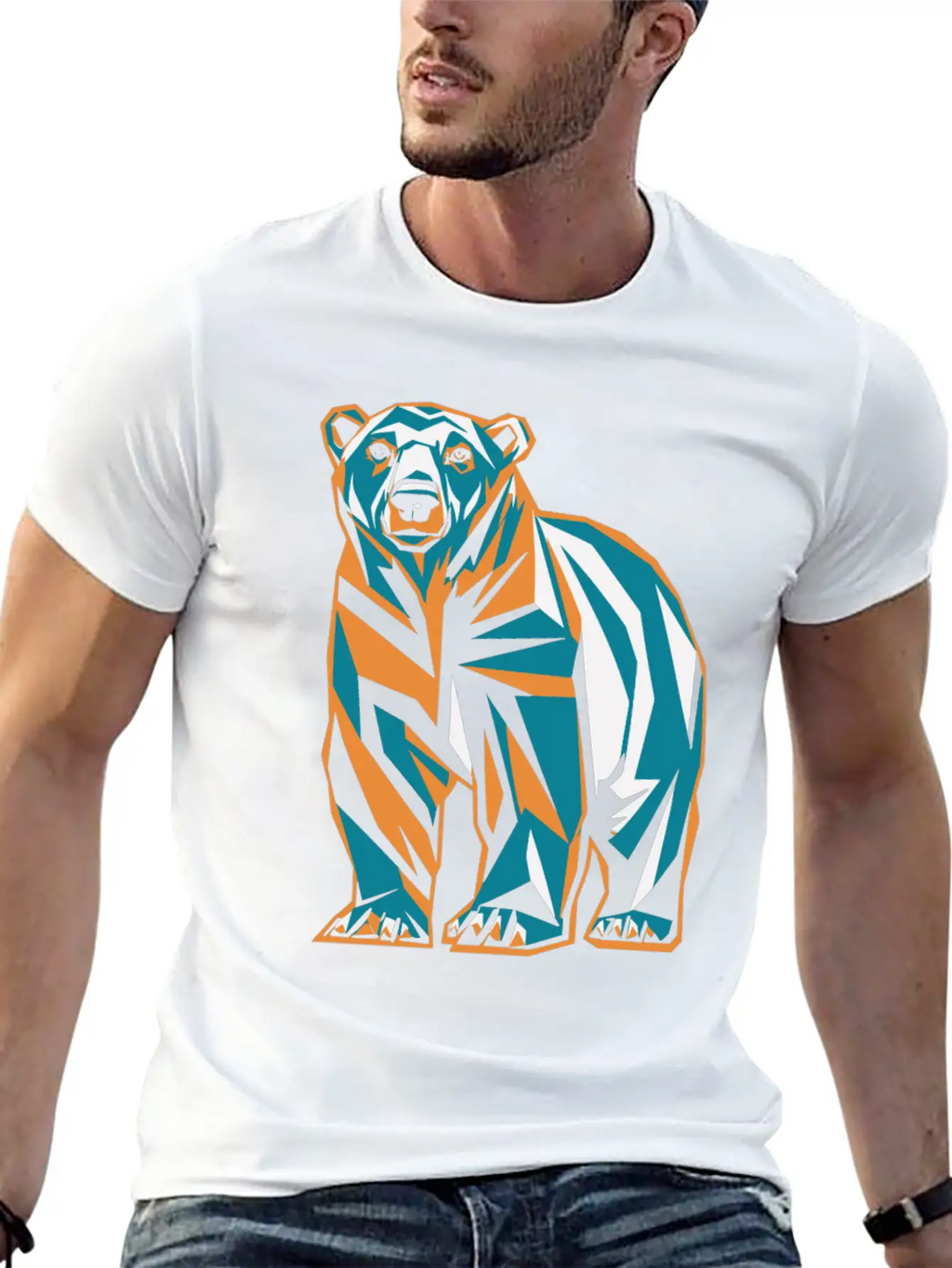 Geometric Bear Illustration In Orange And Blue Breathable Soft Cotton T-Shirt – Timeless Casual Look