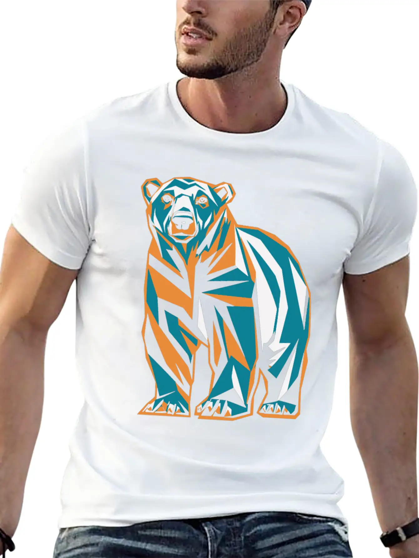Geometric Bear Illustration In Orange And Blue Breathable Soft Cotton T-Shirt – Timeless Casual Look