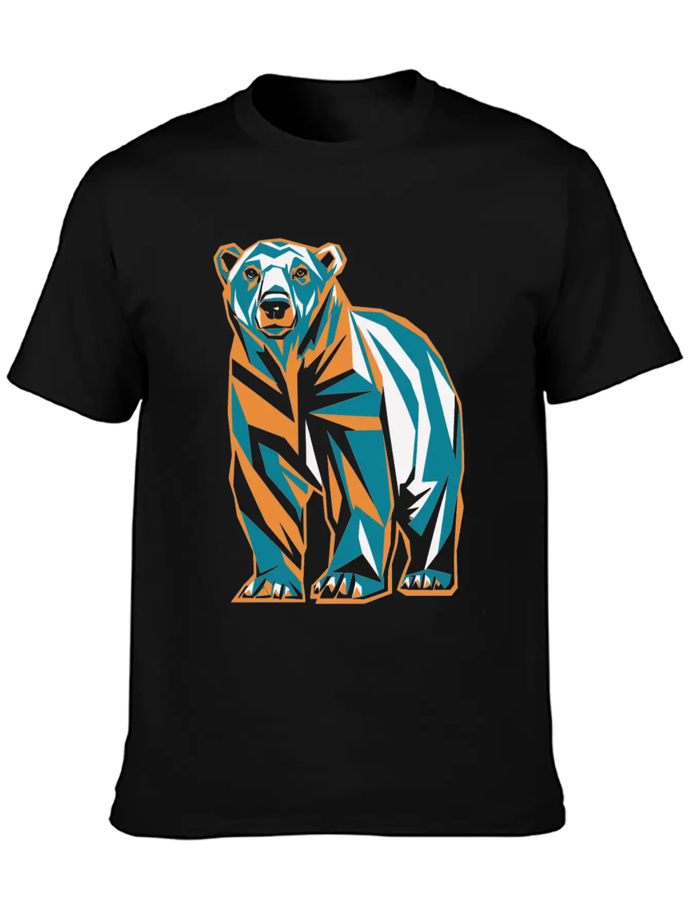 Geometric Bear Illustration In Orange And Blue Breathable Soft Cotton T-Shirt – Timeless Casual Look