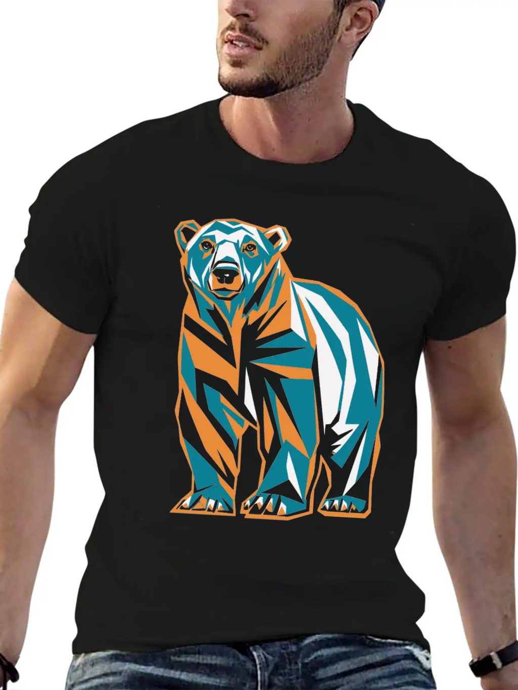 Geometric Bear Illustration In Orange And Blue Breathable Soft Cotton T-Shirt – Timeless Casual Look
