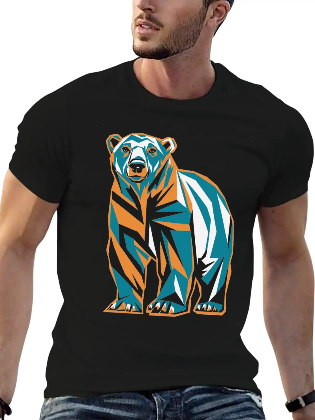 Geometric Bear Illustration In Orange And Blue Breathable Soft Cotton T-Shirt – Timeless Casual Look