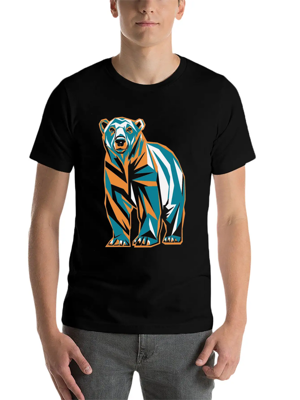 Geometric Bear Illustration In Orange And Blue Breathable Soft Cotton T-Shirt – Timeless Casual Look