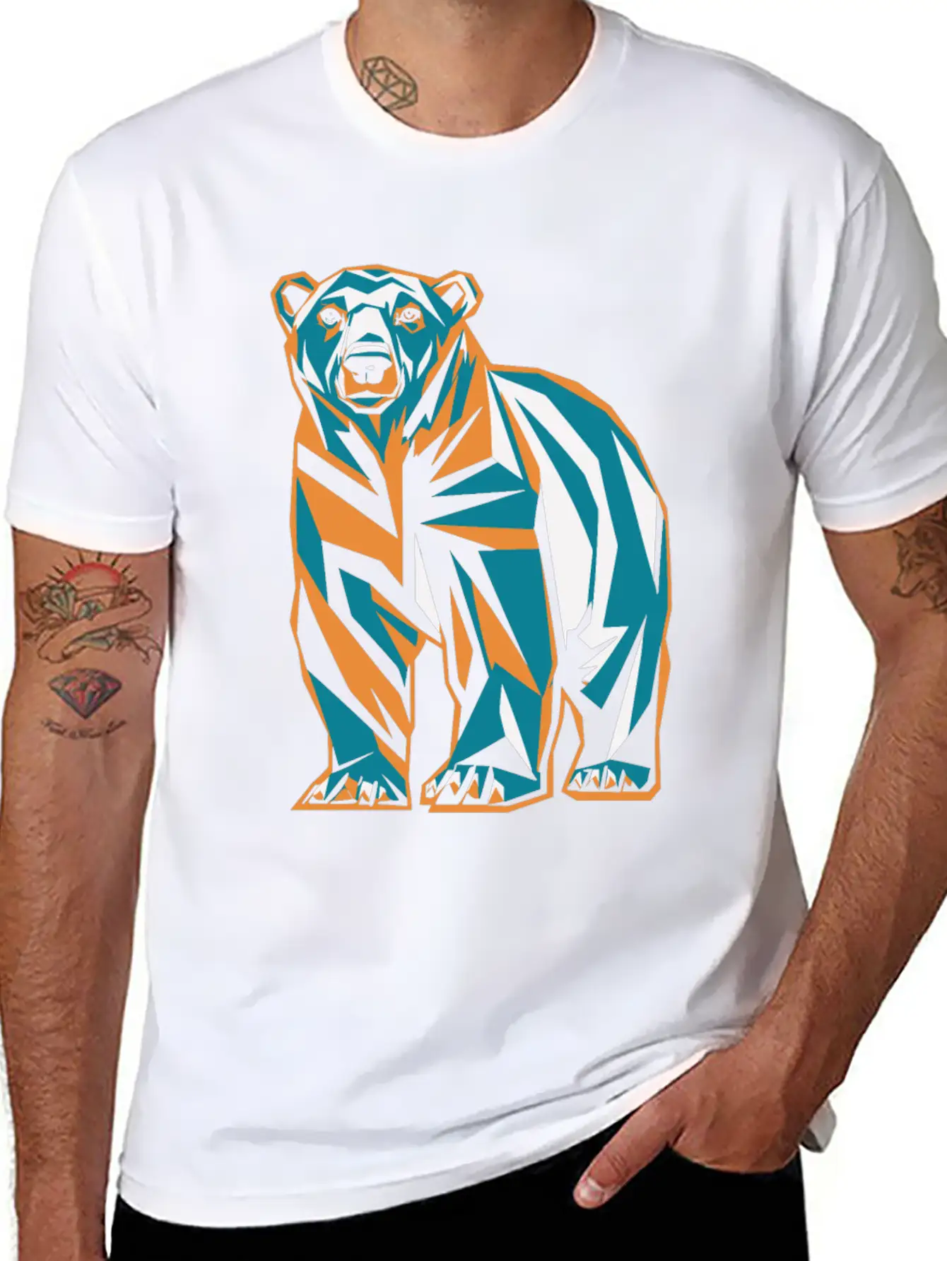 Geometric Bear Illustration In Orange And Blue Breathable Soft Cotton T-Shirt – Timeless Casual Look