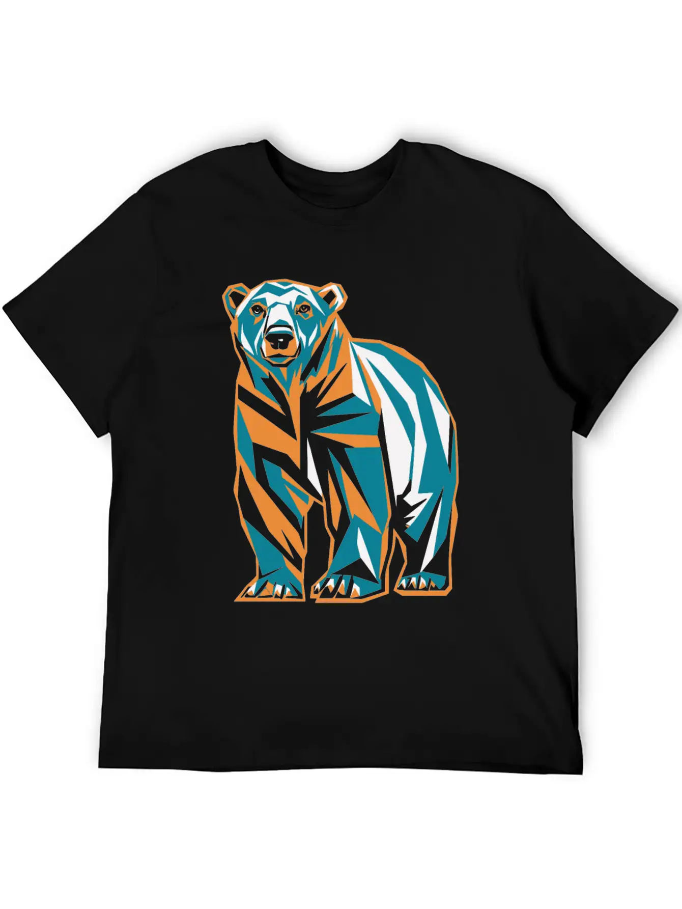 Geometric Bear Illustration In Orange And Blue Breathable Soft Cotton T-Shirt – Timeless Casual Look