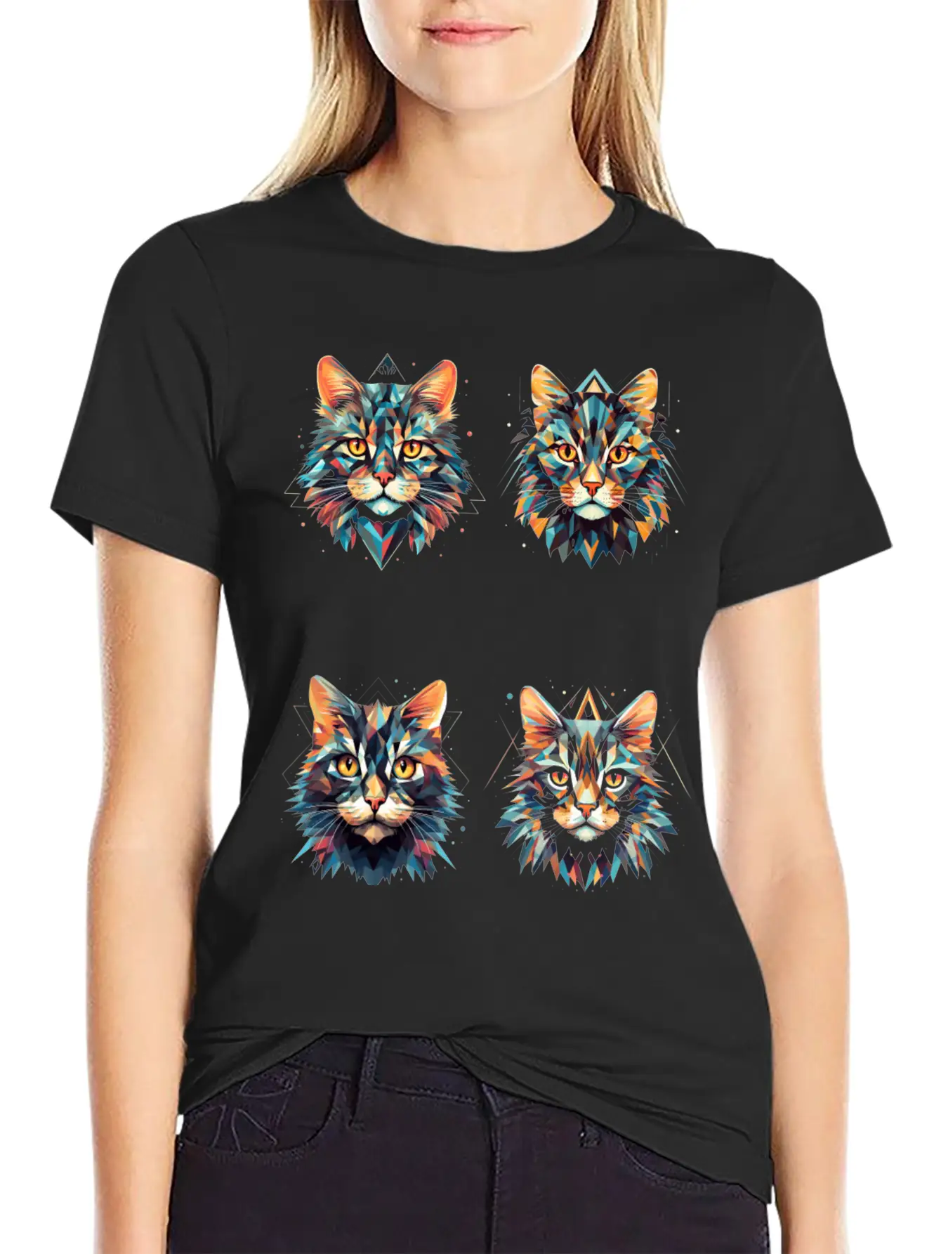 Geometric Cats Casual Graphic T-Shirt – Simple And Comfortable Daily Wear