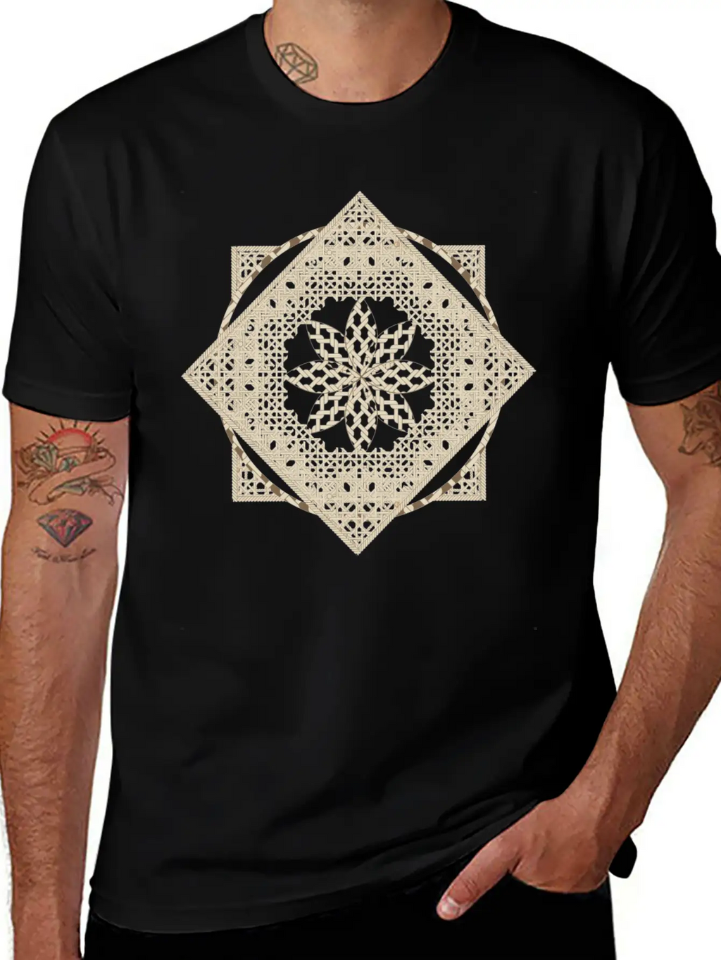 Geometric Oriental Macrame Ornament Unisex Short Sleeve Soft Cotton T-Shirt – Casual Everyday Wear