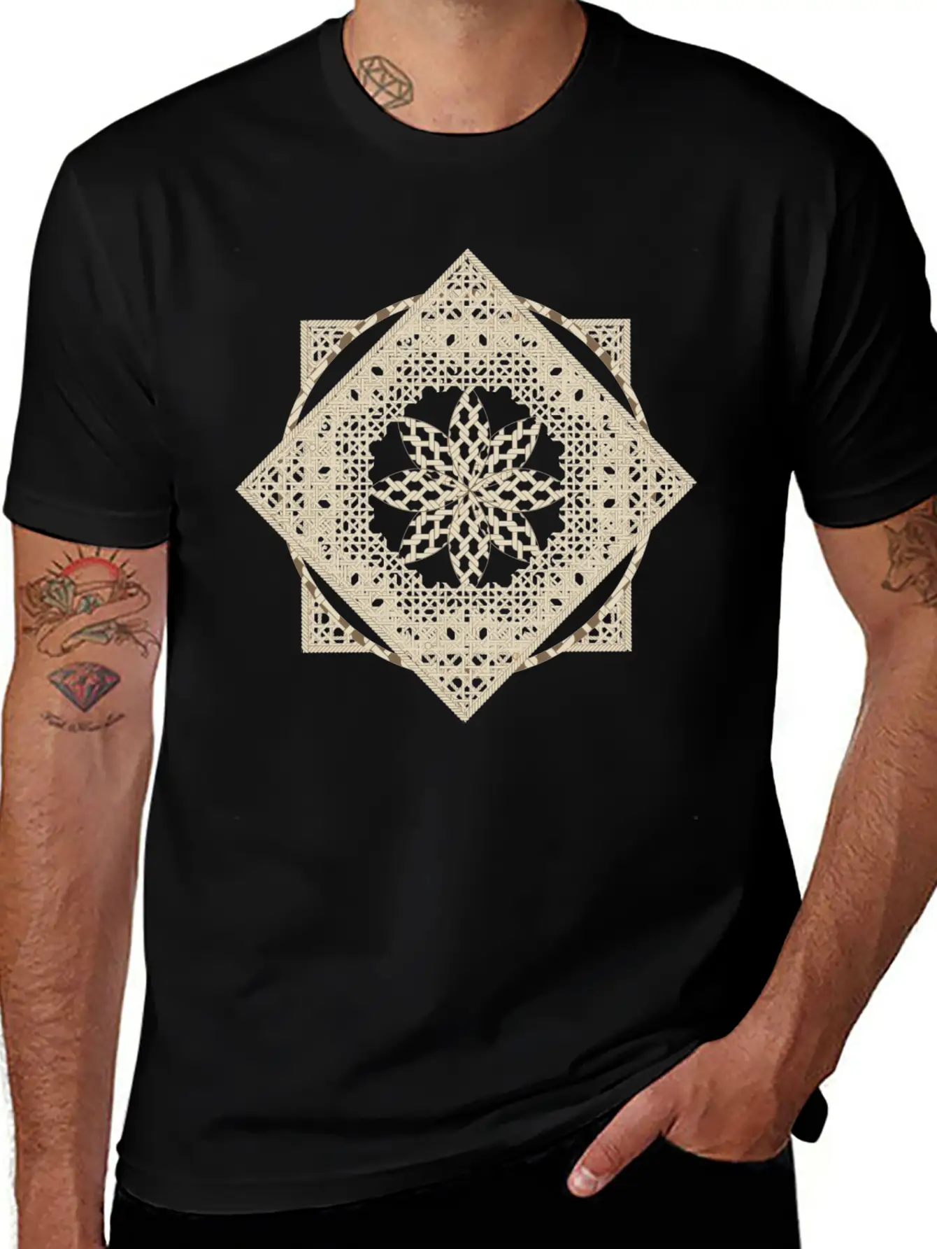 Geometric Oriental Macrame Ornament Unisex Short Sleeve Soft Cotton T-Shirt – Casual Everyday Wear