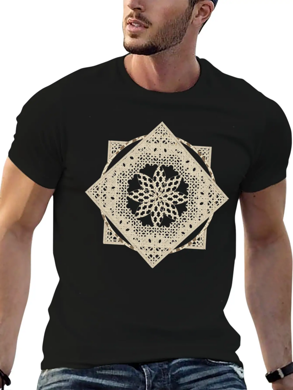 Geometric Oriental Macrame Ornament Unisex Short Sleeve Soft Cotton T-Shirt – Casual Everyday Wear