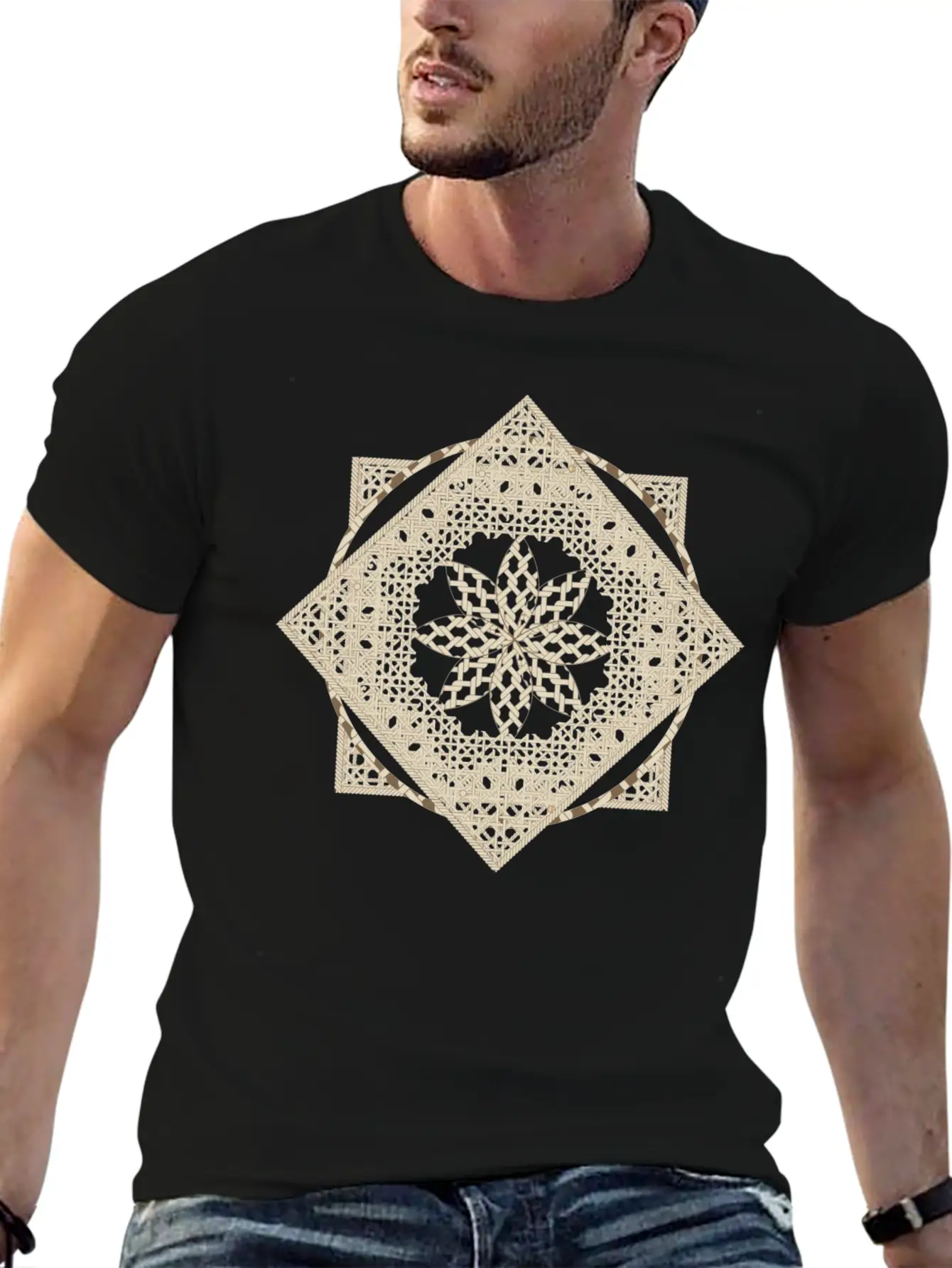 Geometric Oriental Macrame Ornament Unisex Short Sleeve Soft Cotton T-Shirt – Casual Everyday Wear