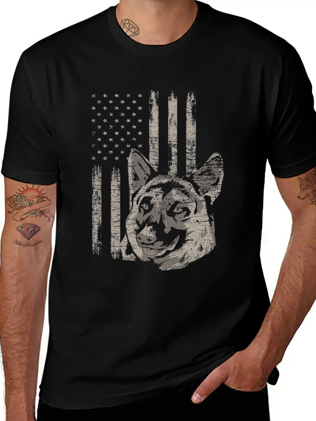 German Shepherd America Flag Gift Breathable Soft Cotton T-Shirt – Timeless Casual Look