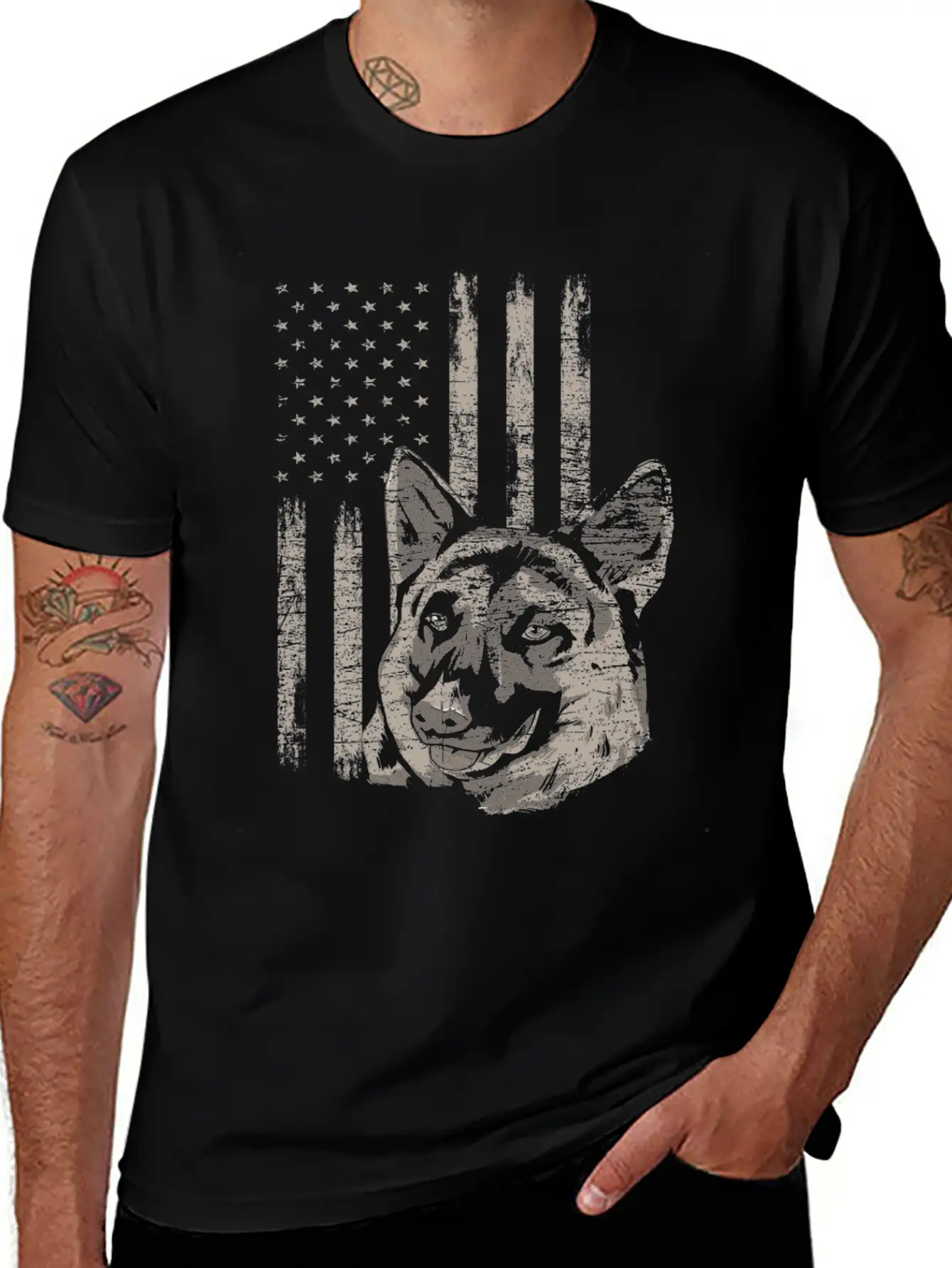 German Shepherd America Flag Gift Breathable Soft Cotton T-Shirt – Timeless Casual Look