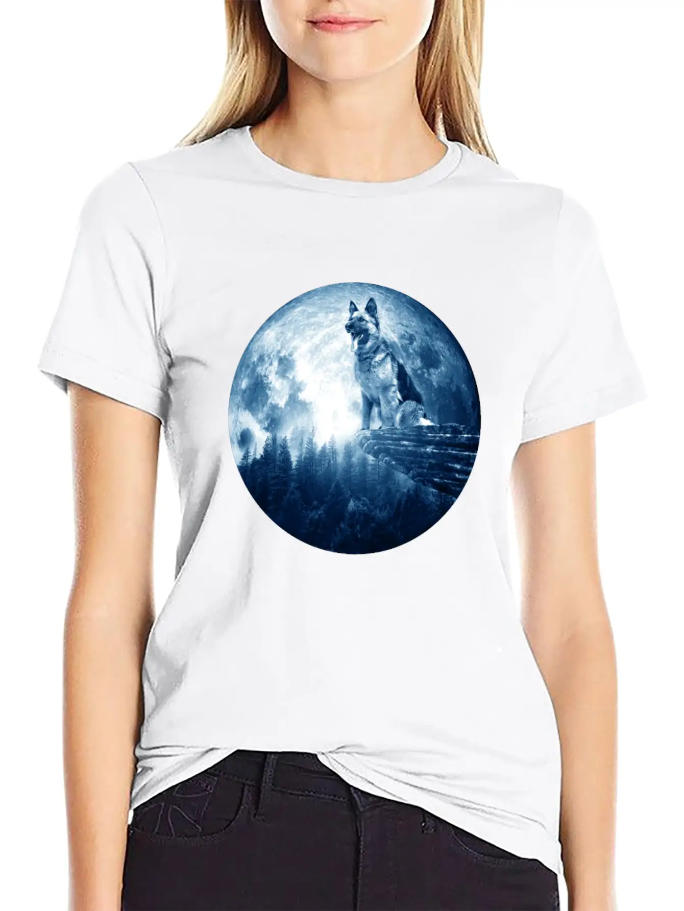 German Shepherd Dog Moon Dog Mom Dad Women Men Dog Stylish Everyday T-Shirt – Unisex Basic Cotton Tee