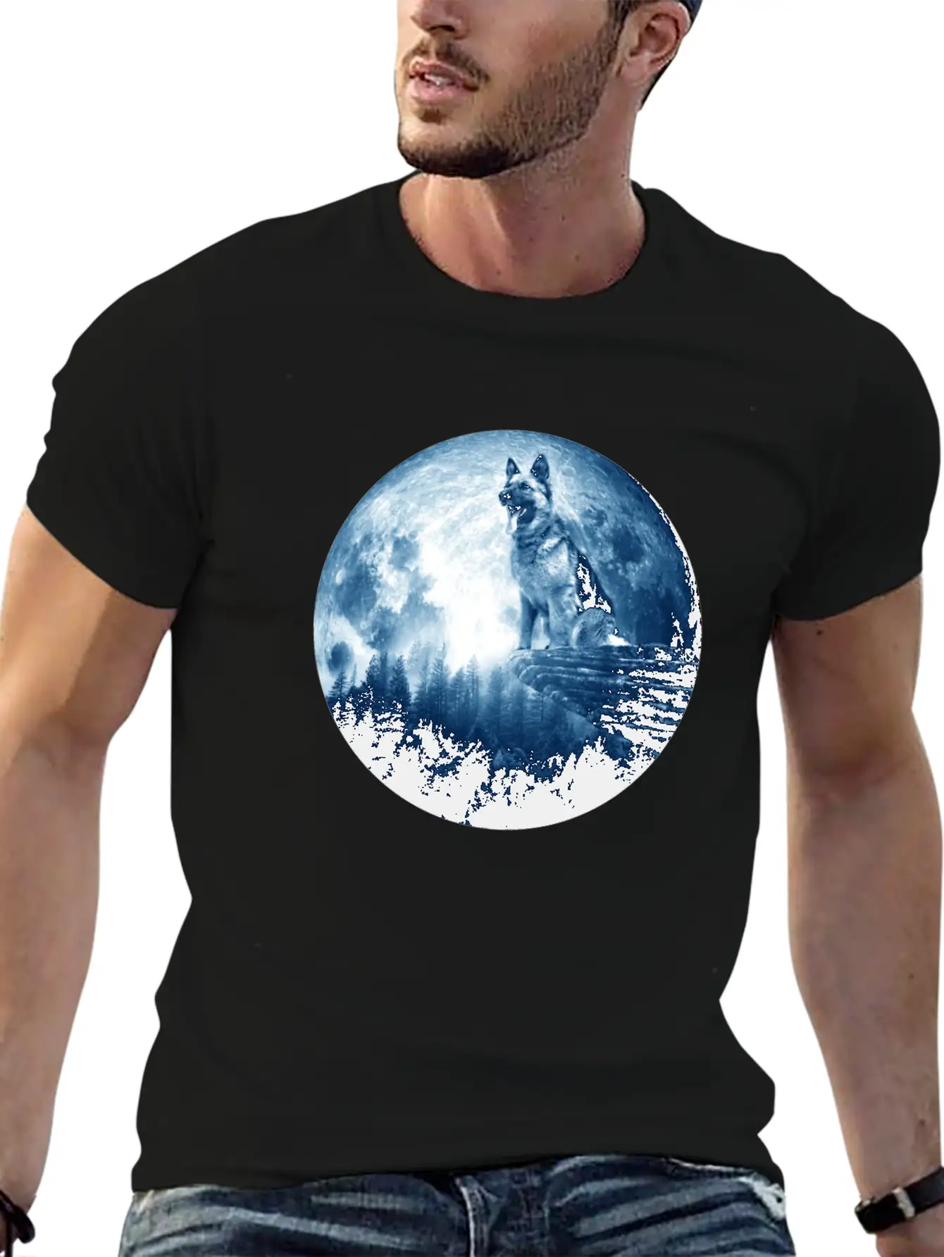German Shepherd Dog Moon Dog Mom Dad Women Men Dog Stylish Everyday T-Shirt – Unisex Basic Cotton Tee