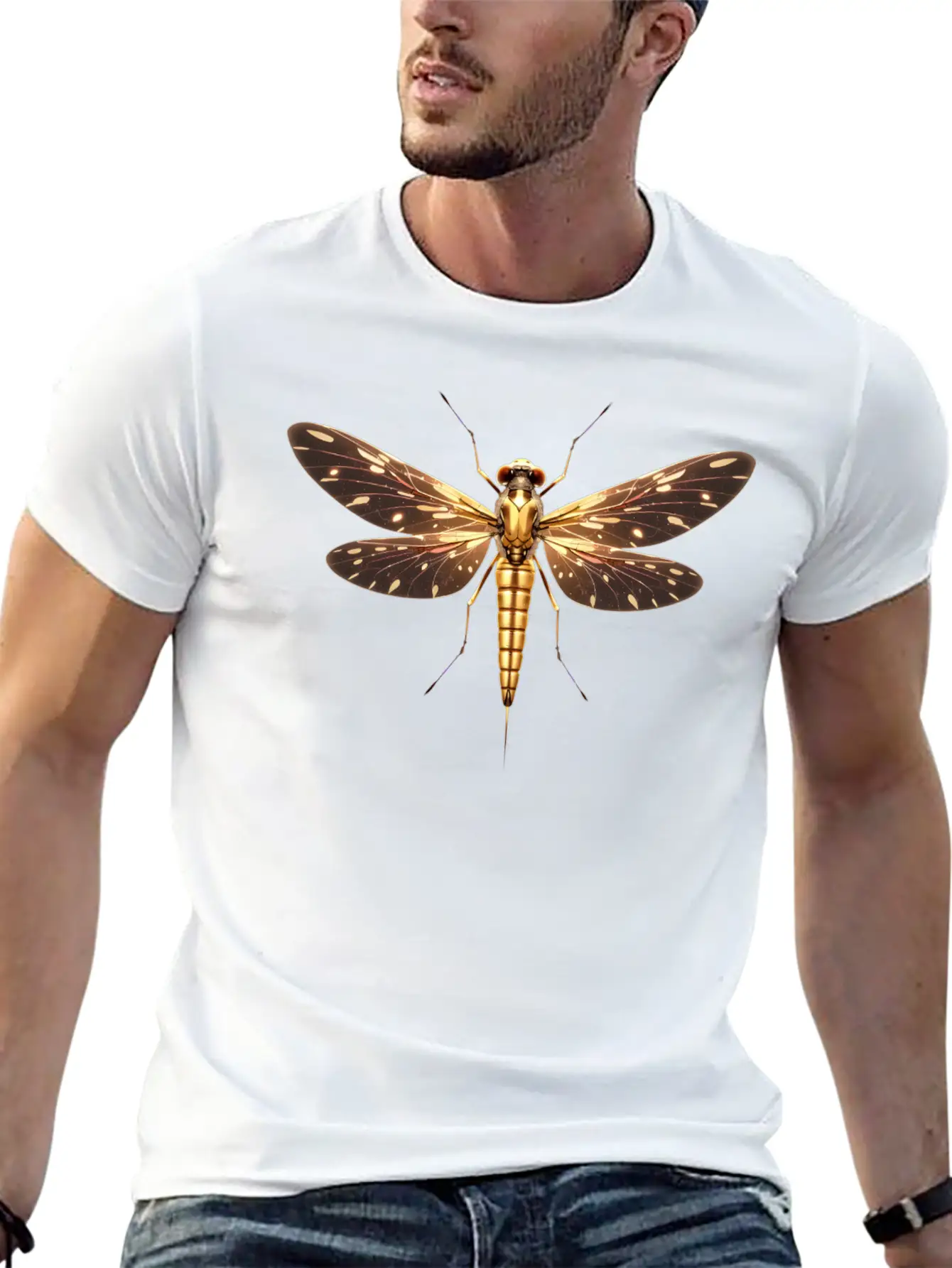 Gilded Guardian: Metallic Dragonfly Majesty Unisex Casual T-Shirt – Clean Design For Daily Comfort