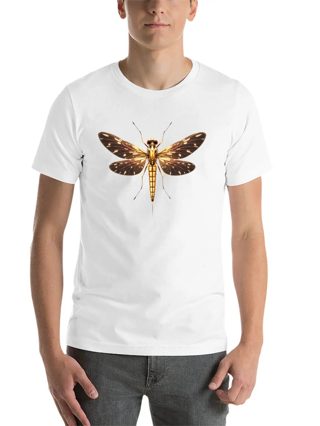 Gilded Guardian: Metallic Dragonfly Majesty Unisex Casual T-Shirt – Clean Design For Daily Comfort