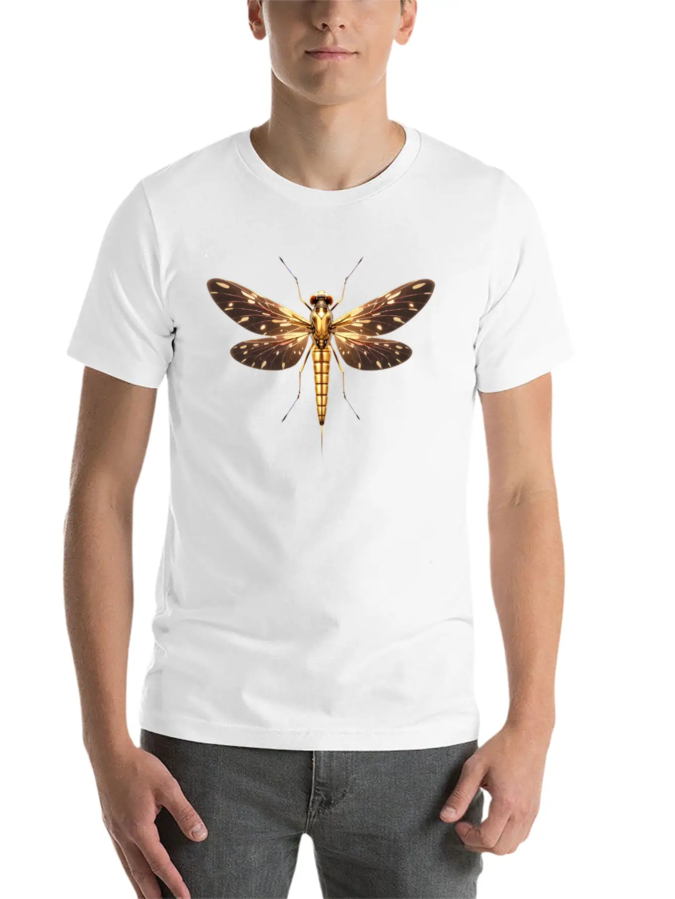 Gilded Guardian: Metallic Dragonfly Majesty Unisex Casual T-Shirt – Clean Design For Daily Comfort