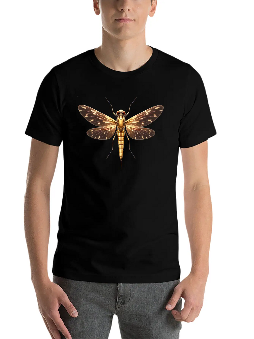 Gilded Guardian: Metallic Dragonfly Majesty Unisex Casual T-Shirt – Clean Design For Daily Comfort