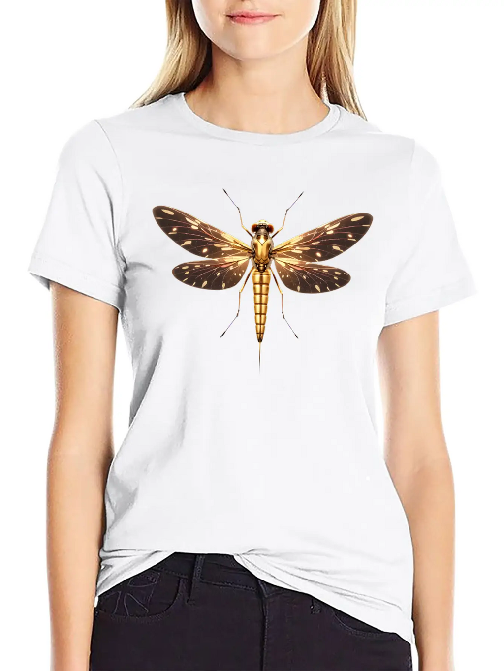 Gilded Guardian: Metallic Dragonfly Majesty Unisex Casual T-Shirt – Clean Design For Daily Comfort