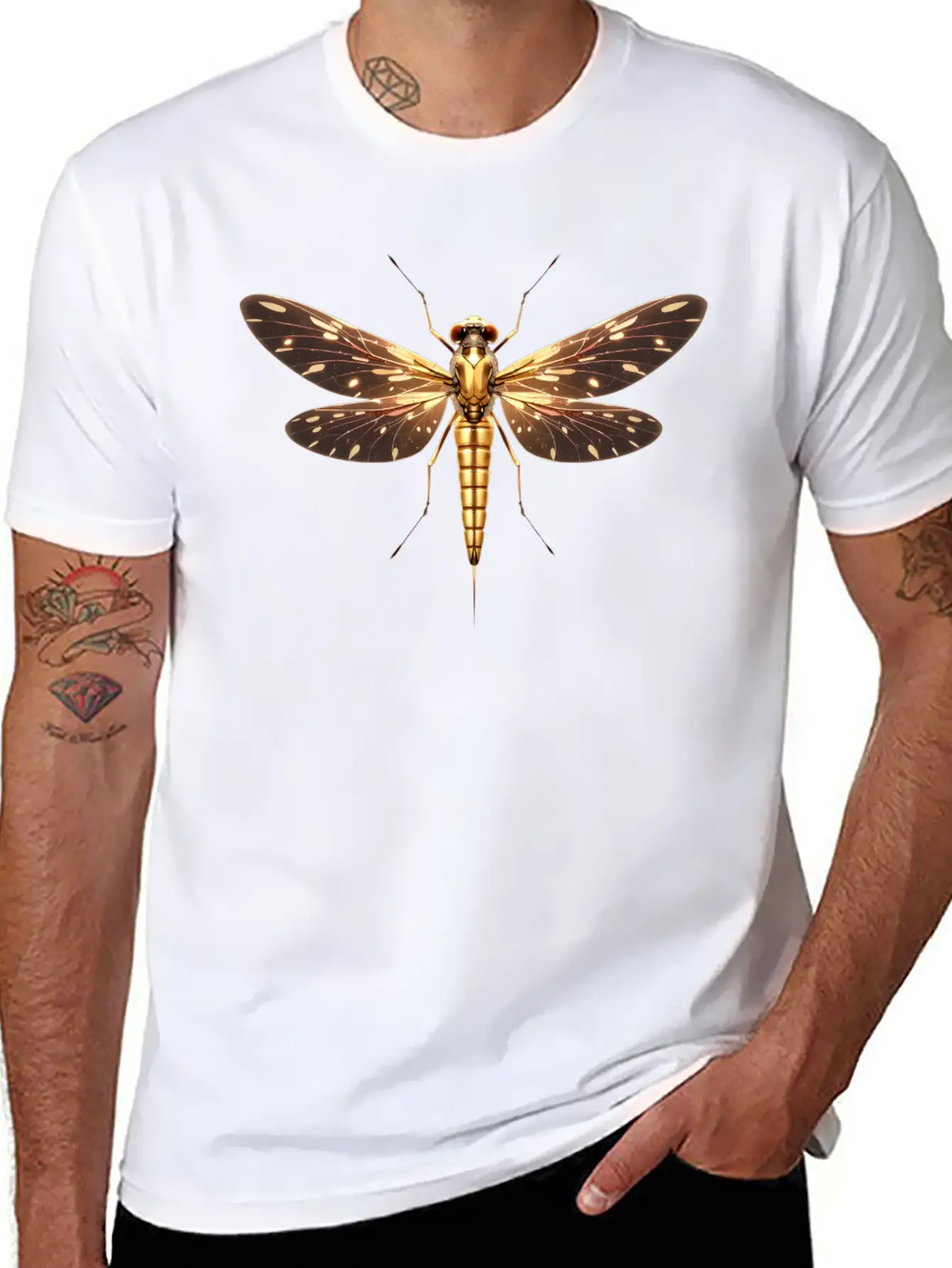 Gilded Guardian: Metallic Dragonfly Majesty Unisex Casual T-Shirt – Clean Design For Daily Comfort