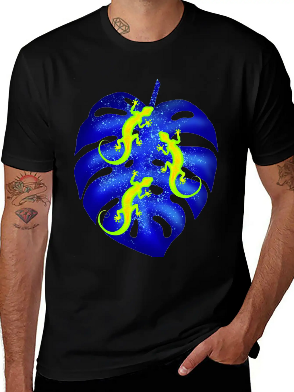 Glowing Neon Lizards, Blue Tropical Monstera Leaf Unisex Casual T-Shirt – Clean Design For Daily Comfort