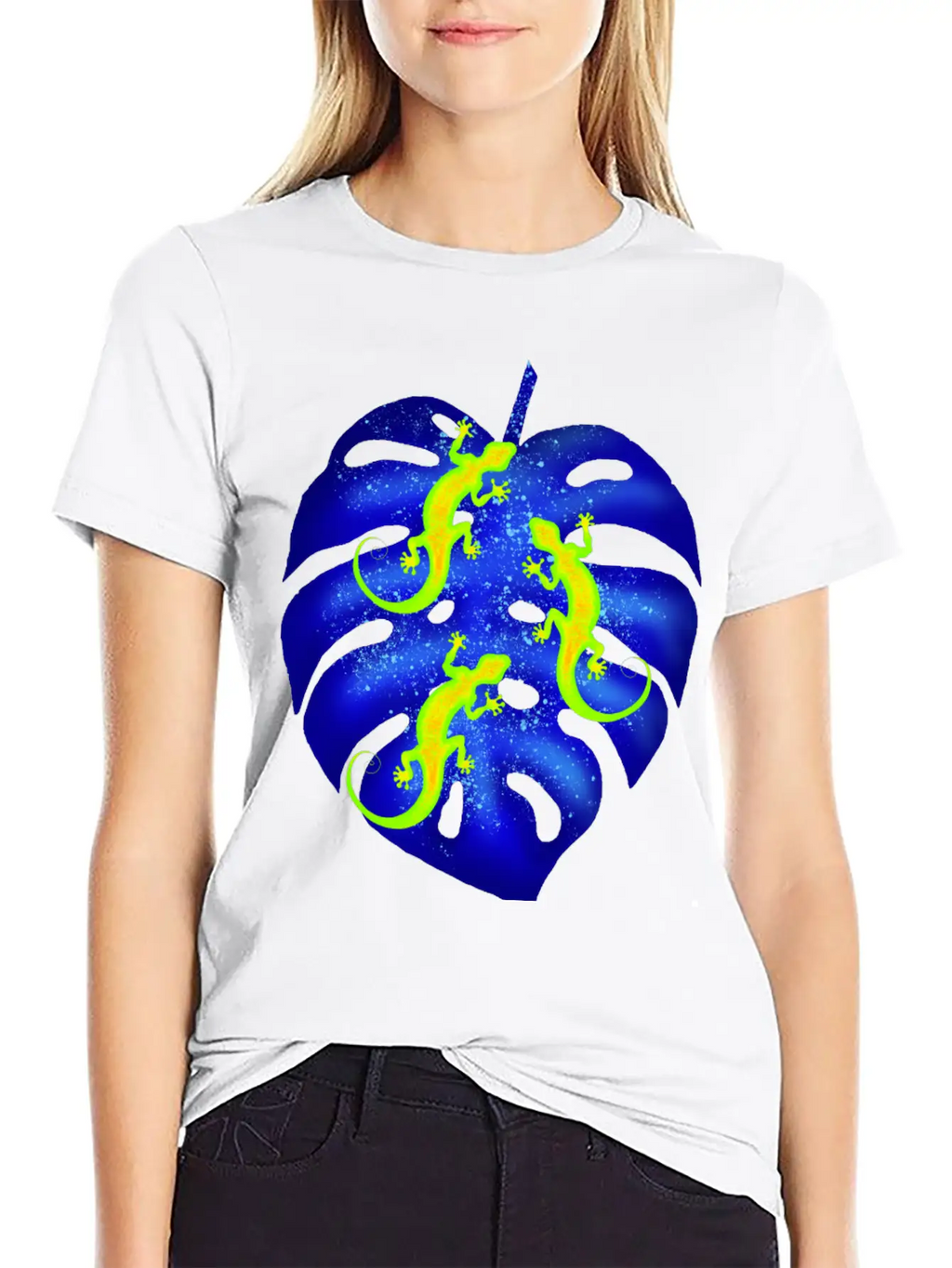 Glowing Neon Lizards, Blue Tropical Monstera Leaf Unisex Casual T-Shirt – Clean Design For Daily Comfort