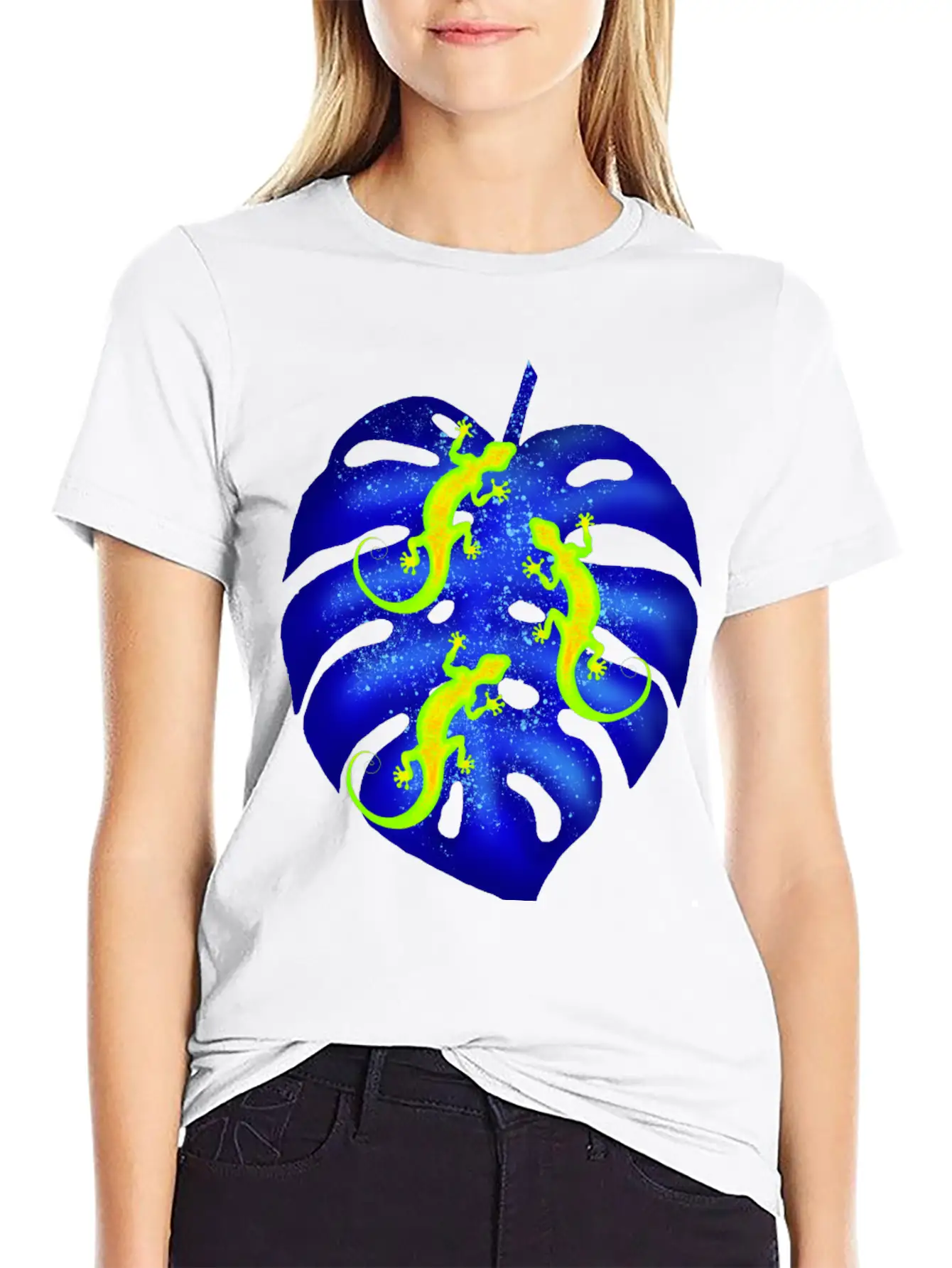 Glowing Neon Lizards, Blue Tropical Monstera Leaf Unisex Casual T-Shirt – Clean Design For Daily Comfort