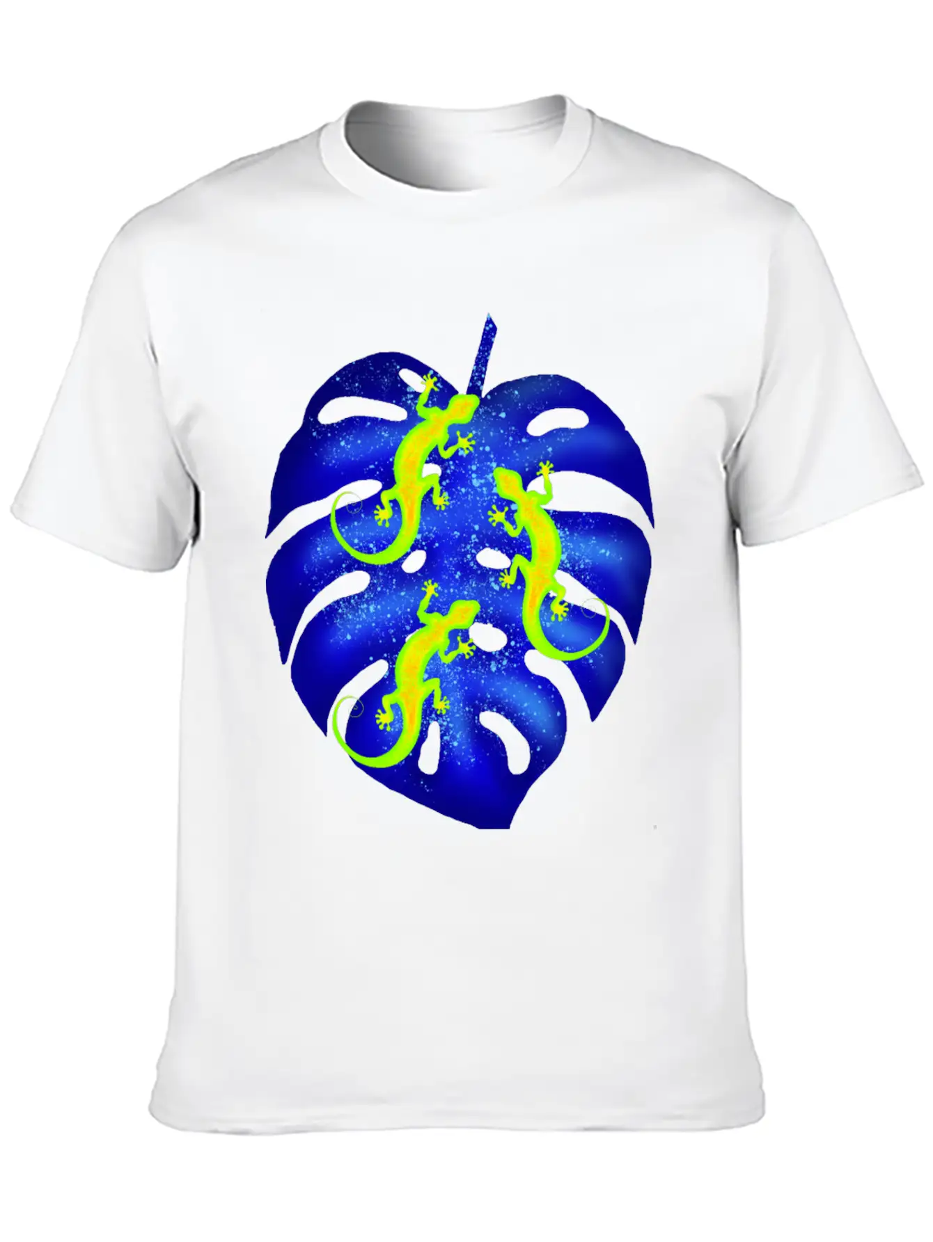 Glowing Neon Lizards, Blue Tropical Monstera Leaf Unisex Casual T-Shirt – Clean Design For Daily Comfort