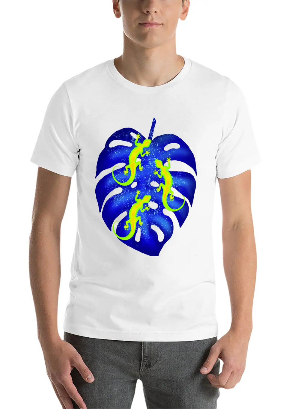 Glowing Neon Lizards, Blue Tropical Monstera Leaf Unisex Casual T-Shirt – Clean Design For Daily Comfort