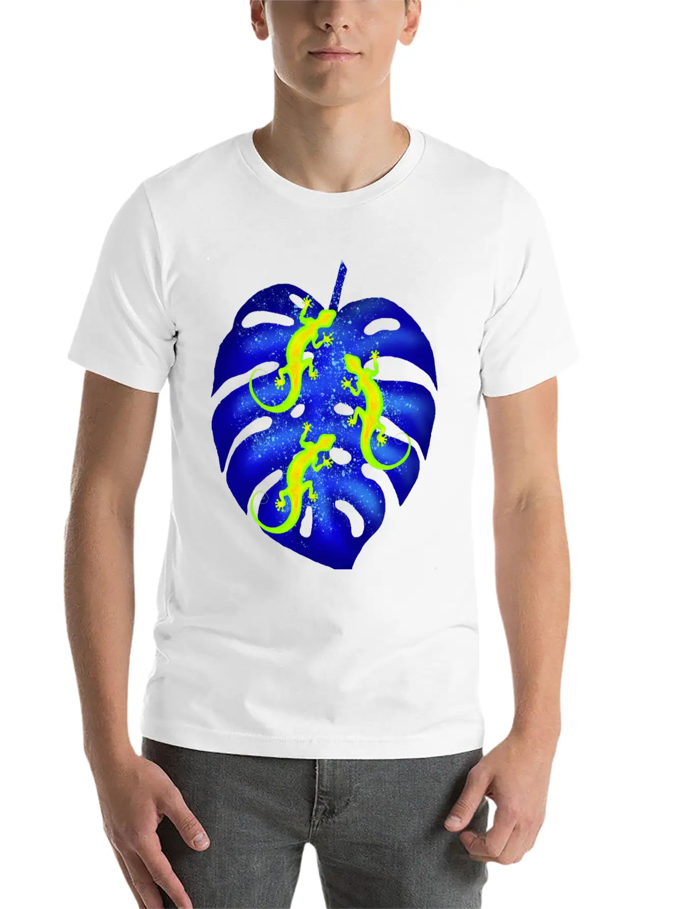 Glowing Neon Lizards, Blue Tropical Monstera Leaf Unisex Casual T-Shirt – Clean Design For Daily Comfort