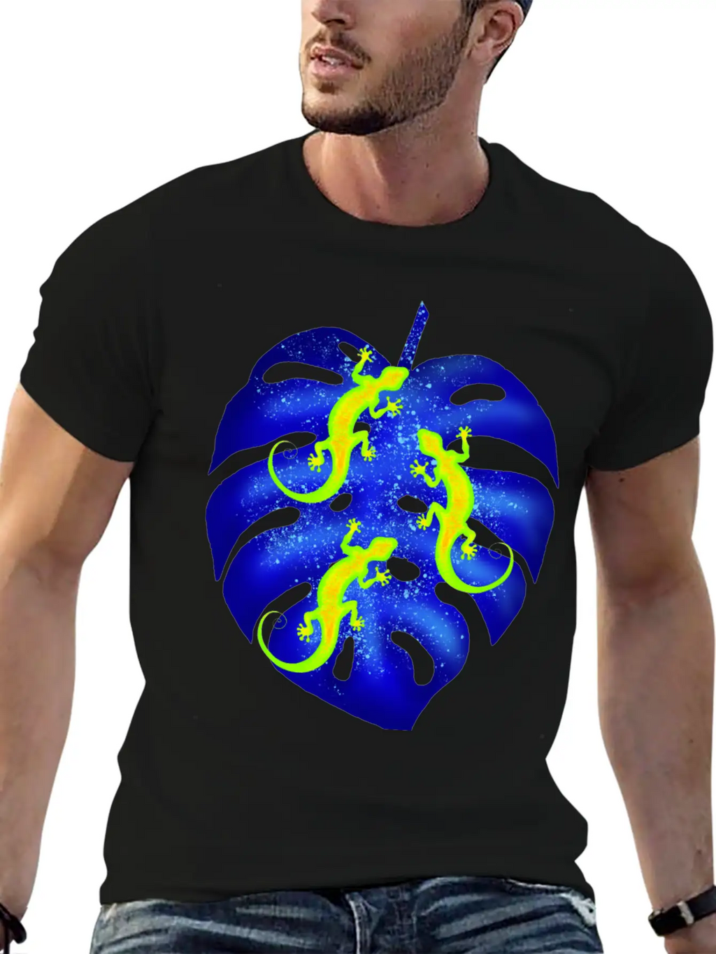Glowing Neon Lizards, Blue Tropical Monstera Leaf Unisex Casual T-Shirt – Clean Design For Daily Comfort