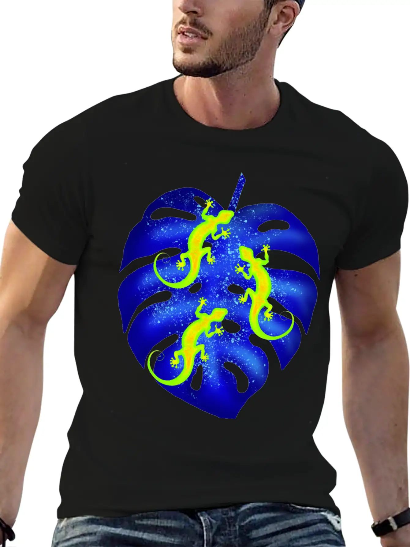Glowing Neon Lizards, Blue Tropical Monstera Leaf Unisex Casual T-Shirt – Clean Design For Daily Comfort