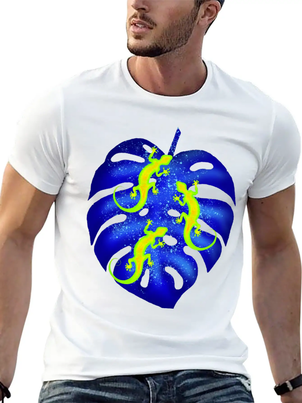 Glowing Neon Lizards, Blue Tropical Monstera Leaf Unisex Casual T-Shirt – Clean Design For Daily Comfort