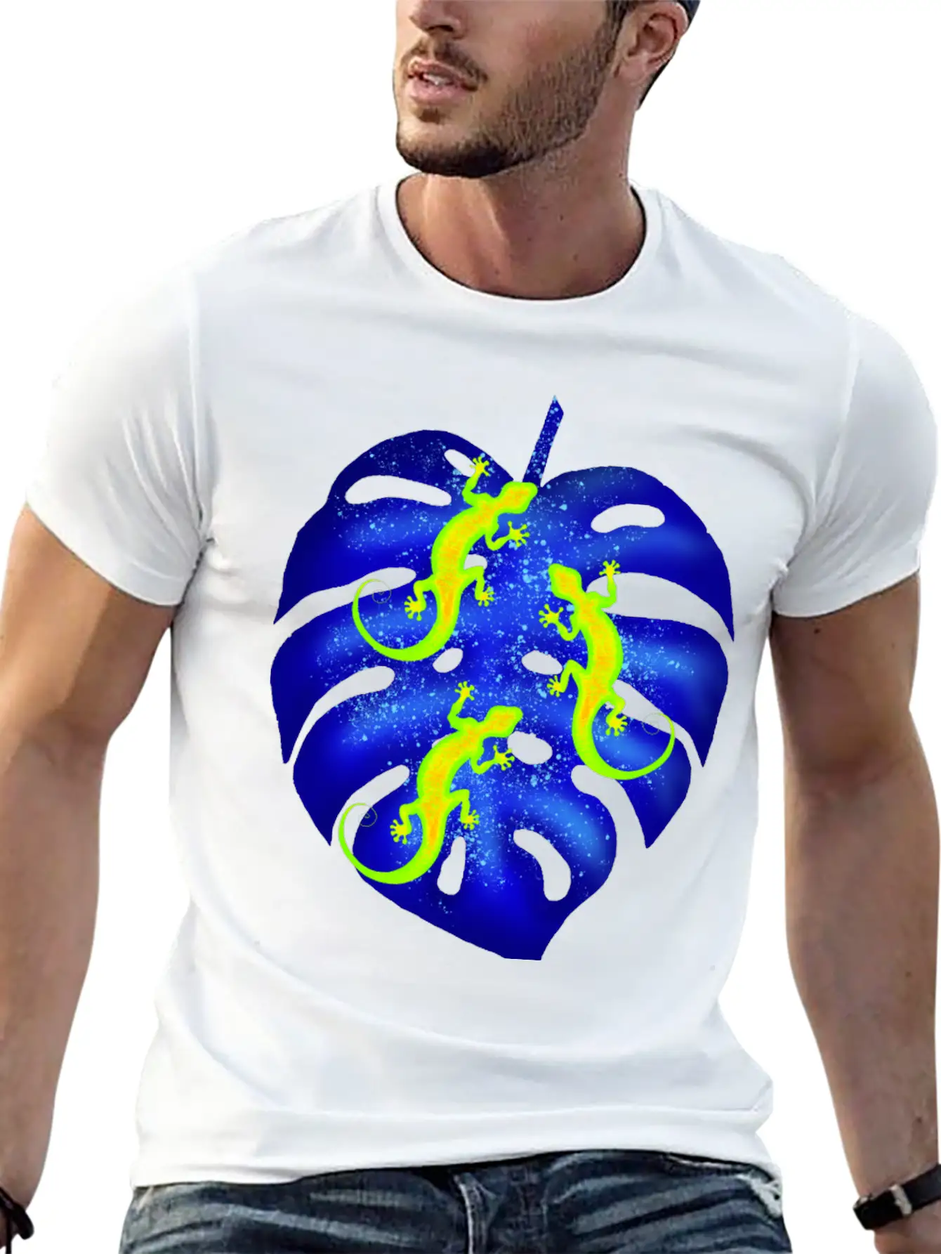 Glowing Neon Lizards, Blue Tropical Monstera Leaf Unisex Casual T-Shirt – Clean Design For Daily Comfort