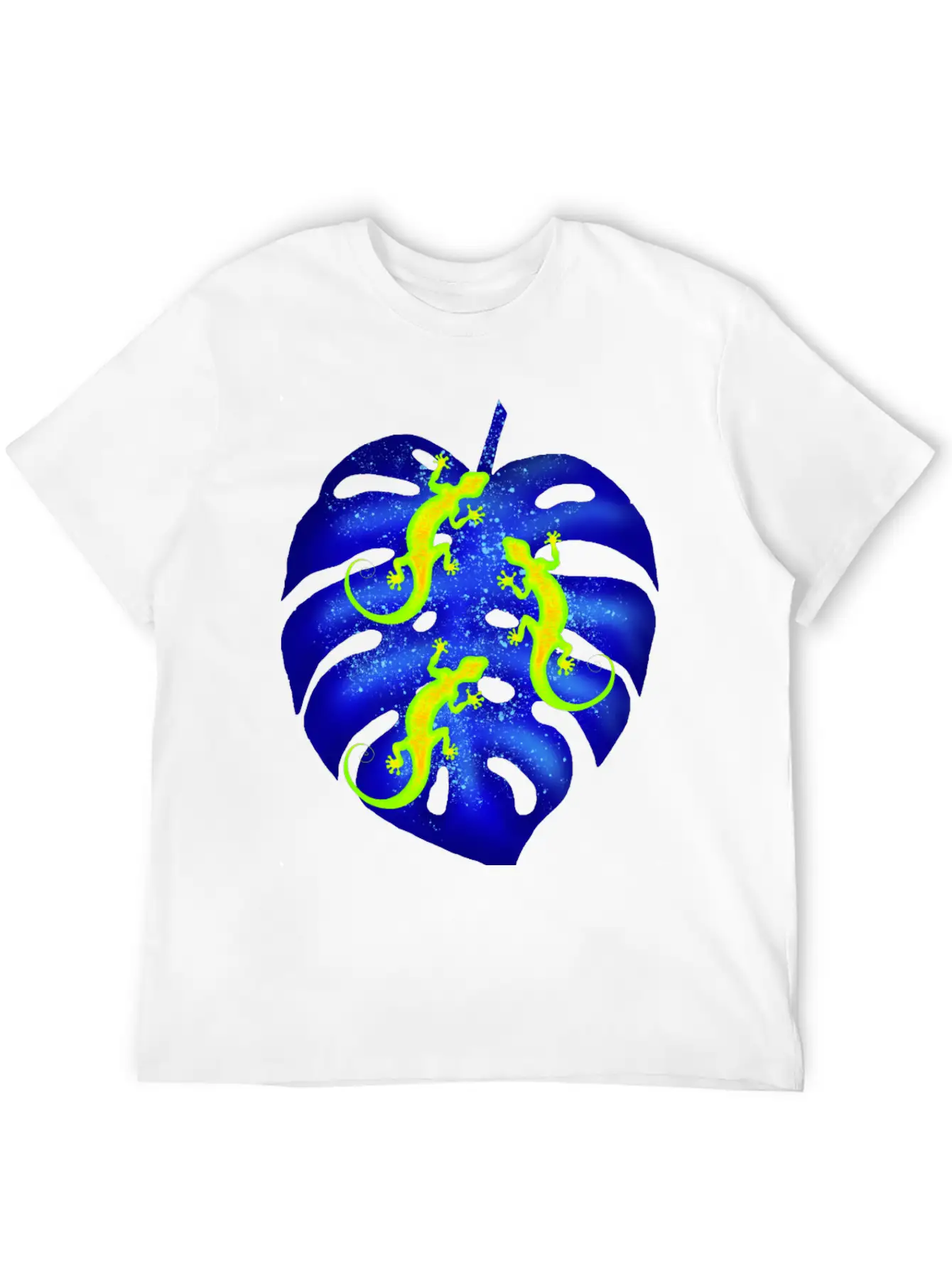Glowing Neon Lizards, Blue Tropical Monstera Leaf Unisex Casual T-Shirt – Clean Design For Daily Comfort