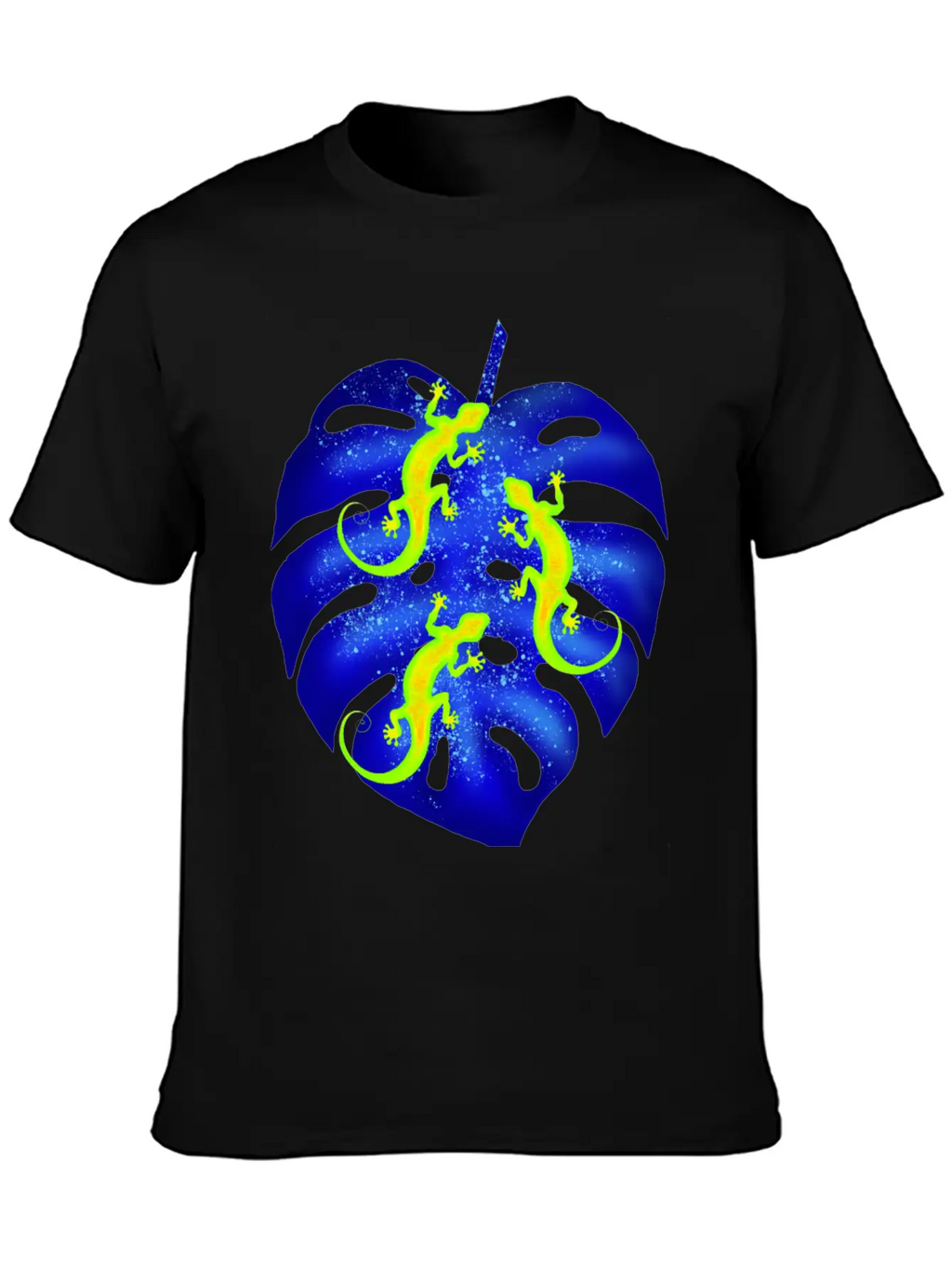 Glowing Neon Lizards, Blue Tropical Monstera Leaf Unisex Casual T-Shirt – Clean Design For Daily Comfort