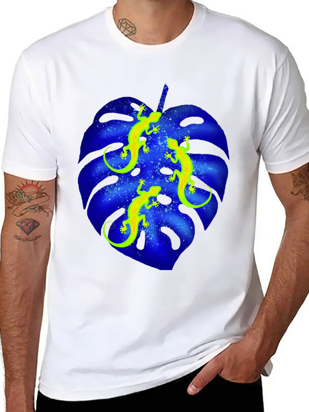 Glowing Neon Lizards, Blue Tropical Monstera Leaf Unisex Casual T-Shirt – Clean Design For Daily Comfort