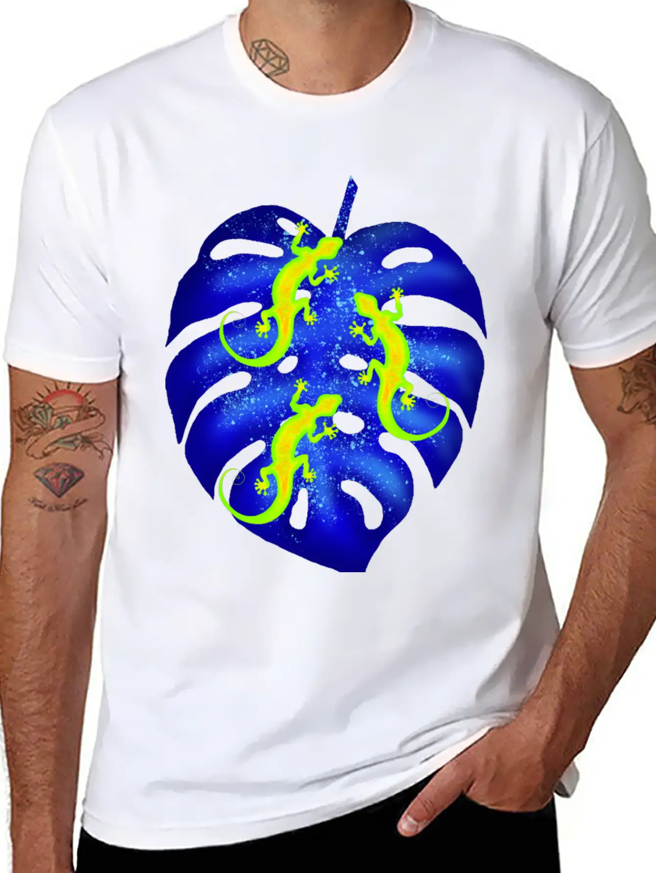 Glowing Neon Lizards, Blue Tropical Monstera Leaf Unisex Casual T-Shirt – Clean Design For Daily Comfort