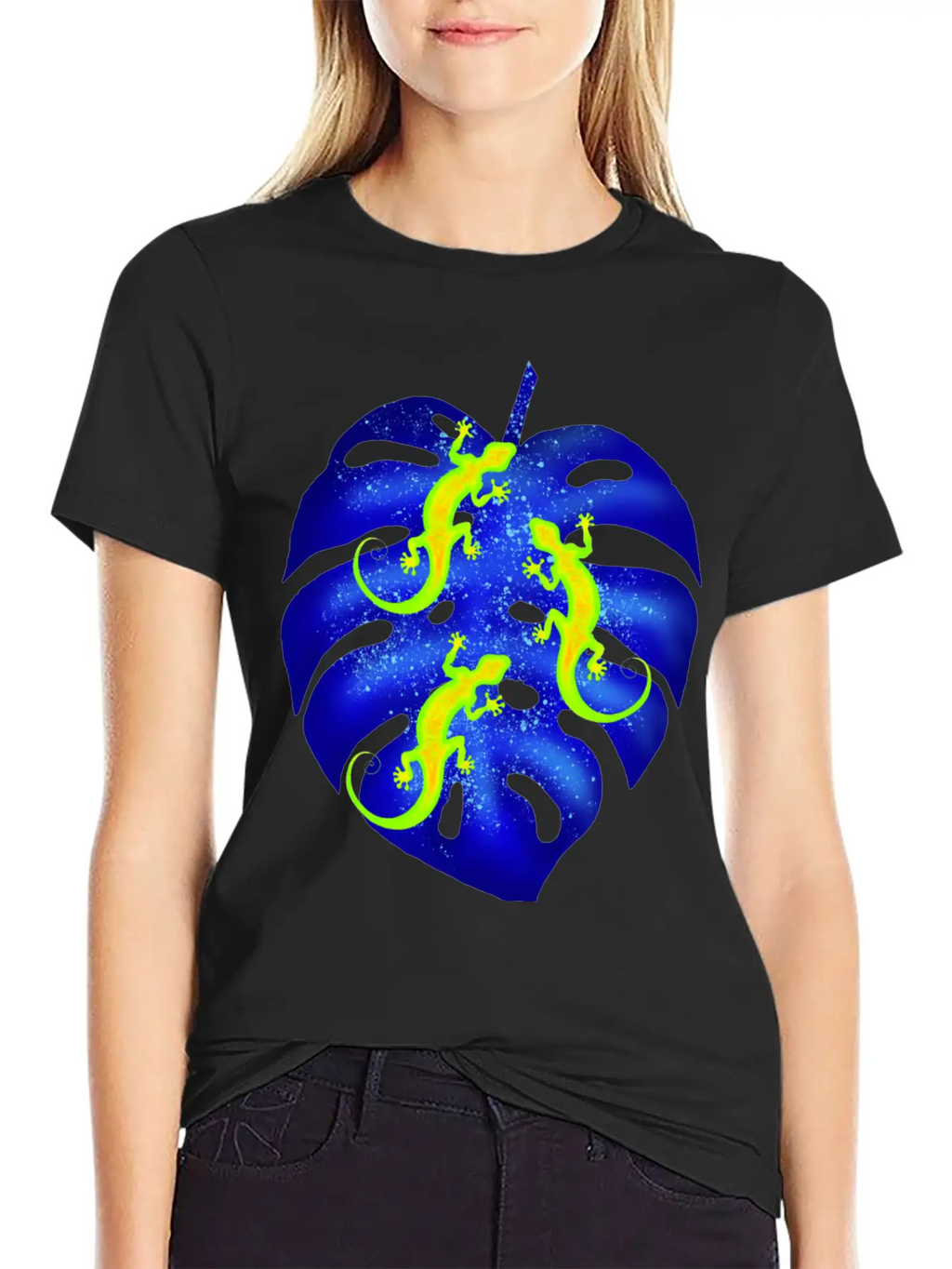 Glowing Neon Lizards, Blue Tropical Monstera Leaf Unisex Casual T-Shirt – Clean Design For Daily Comfort