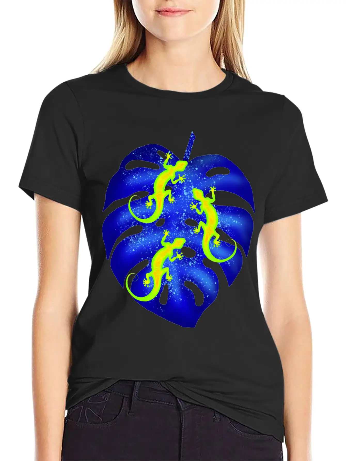 Glowing Neon Lizards, Blue Tropical Monstera Leaf Unisex Casual T-Shirt – Clean Design For Daily Comfort