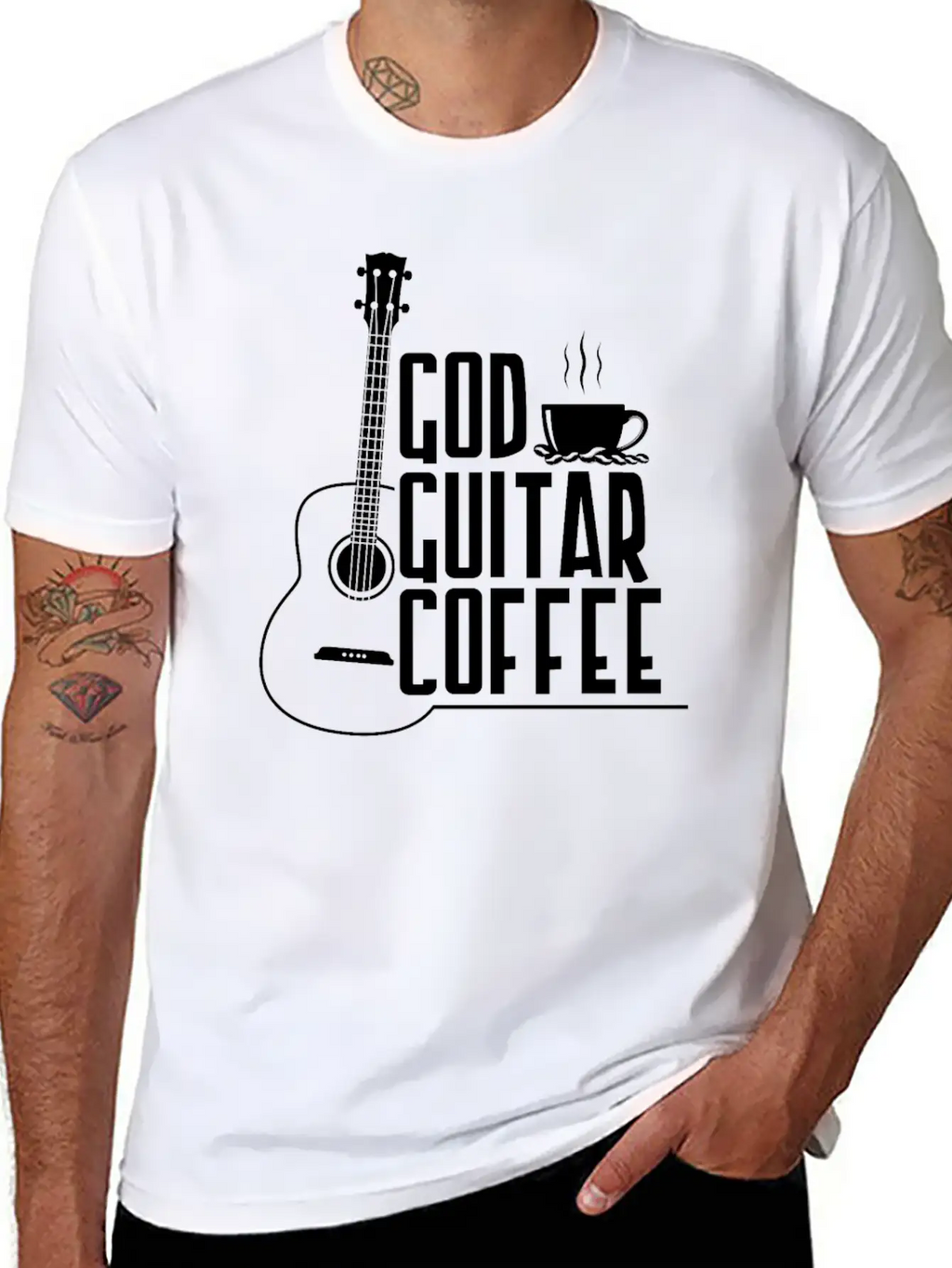 God Guitar Coffee Music Lover Funny Christian Stylish Everyday T-Shirt – Unisex Basic Cotton Tee