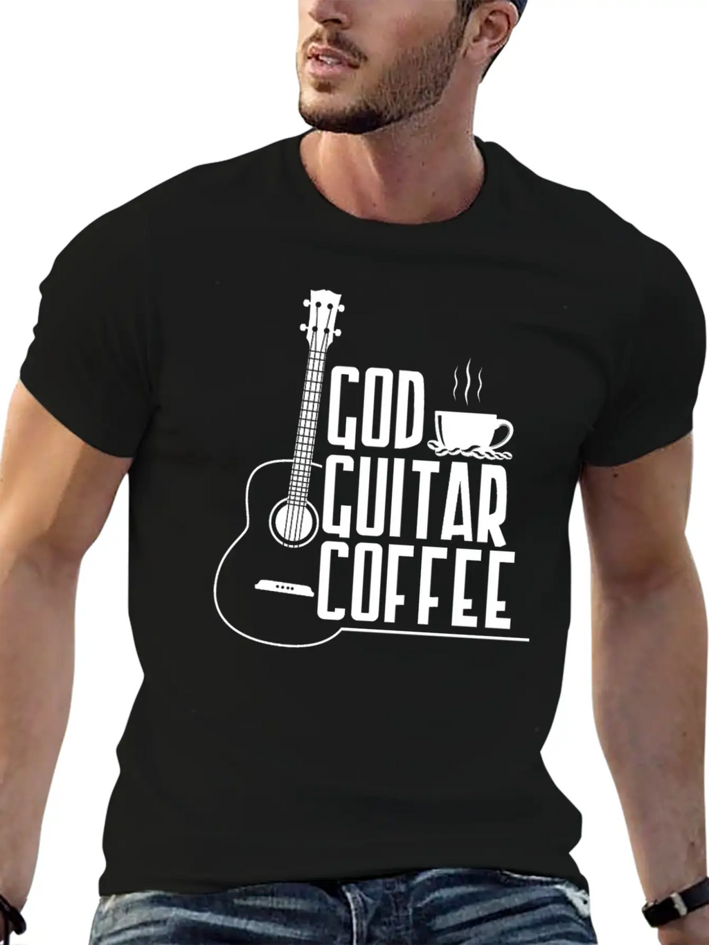 God Guitar Coffee Music Lover Funny Christian Stylish Everyday T-Shirt – Unisex Basic Cotton Tee