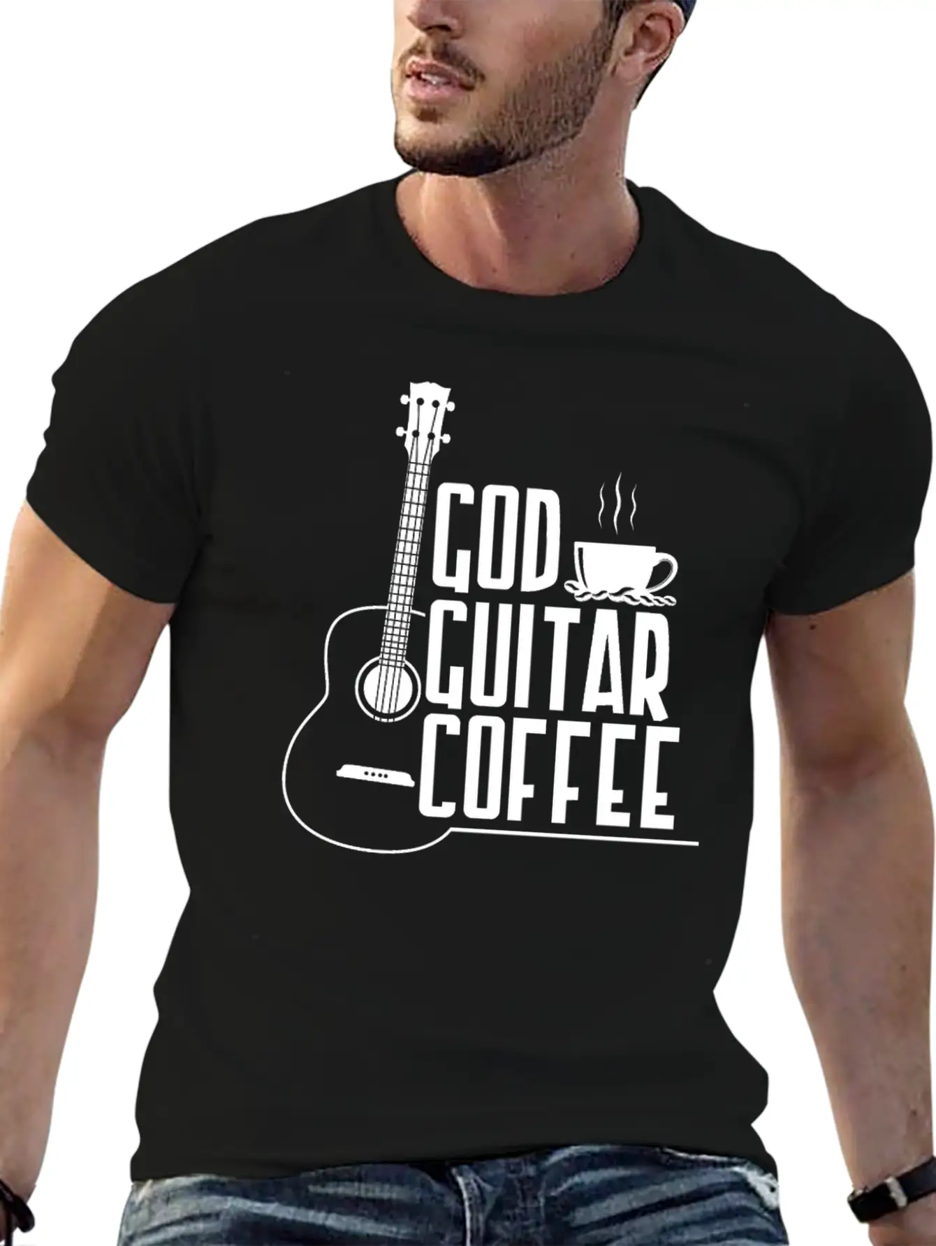 God Guitar Coffee Music Lover Funny Christian Stylish Everyday T-Shirt – Unisex Basic Cotton Tee