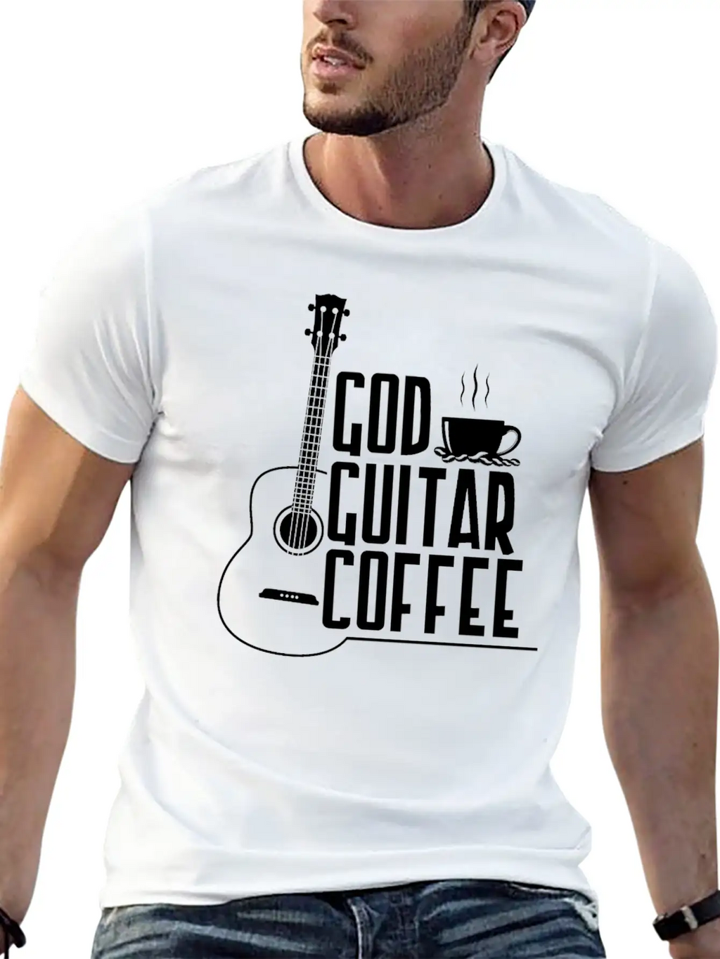 God Guitar Coffee Music Lover Funny Christian Stylish Everyday T-Shirt – Unisex Basic Cotton Tee