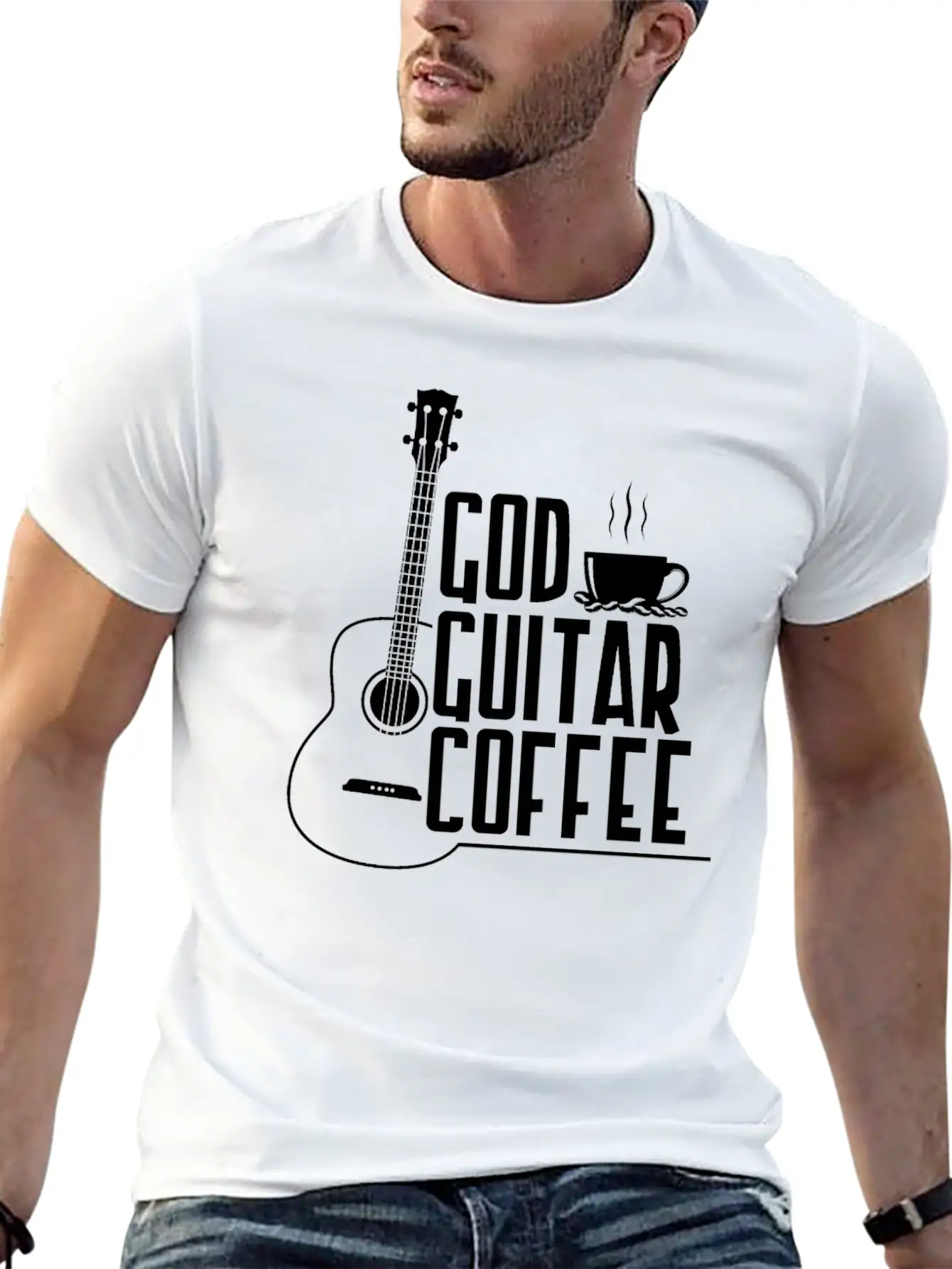 God Guitar Coffee Music Lover Funny Christian Stylish Everyday T-Shirt – Unisex Basic Cotton Tee
