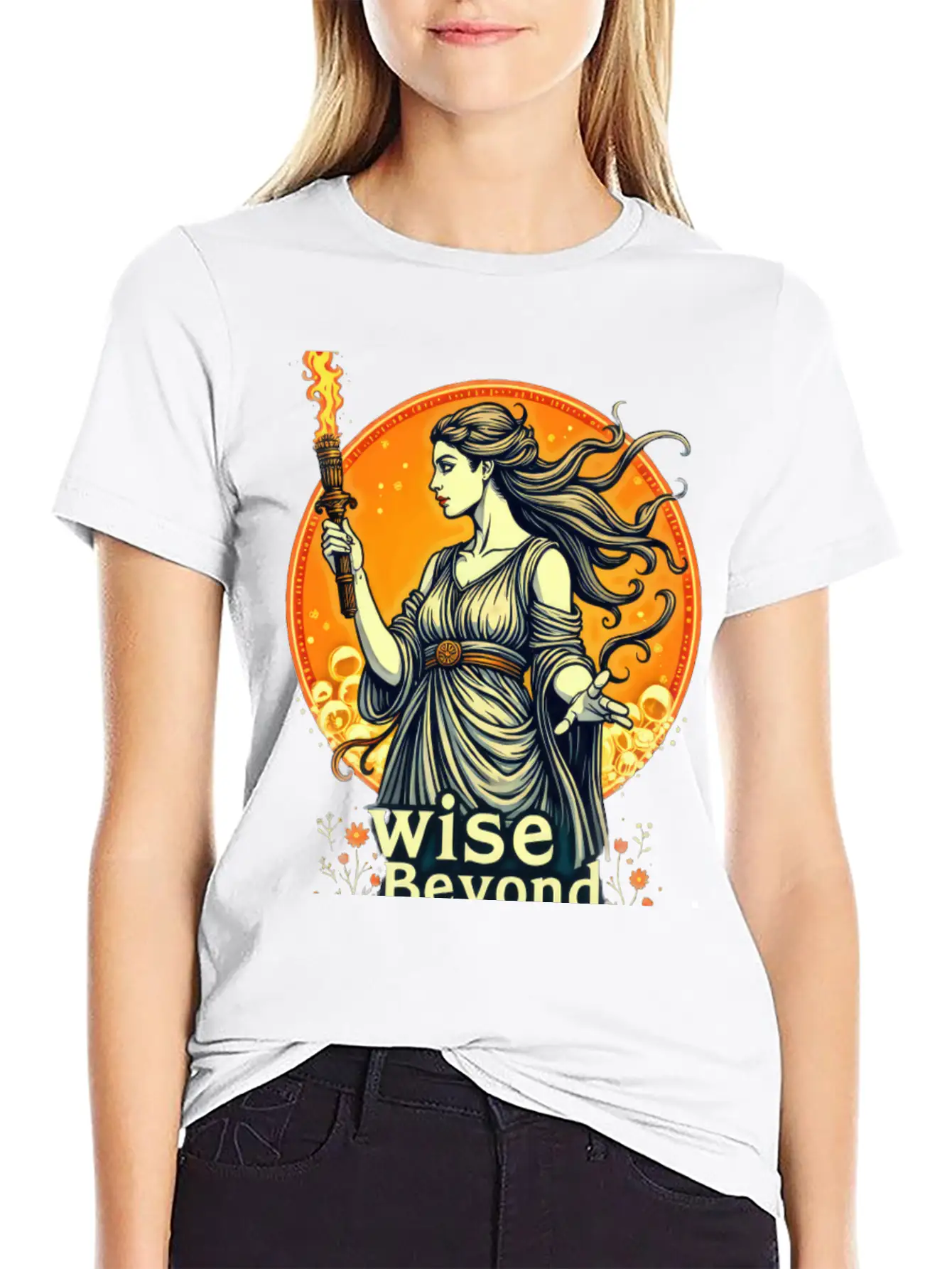 Goddess Holding Torch With Wisdom Stylish Everyday T-Shirt – Unisex Basic Cotton Tee