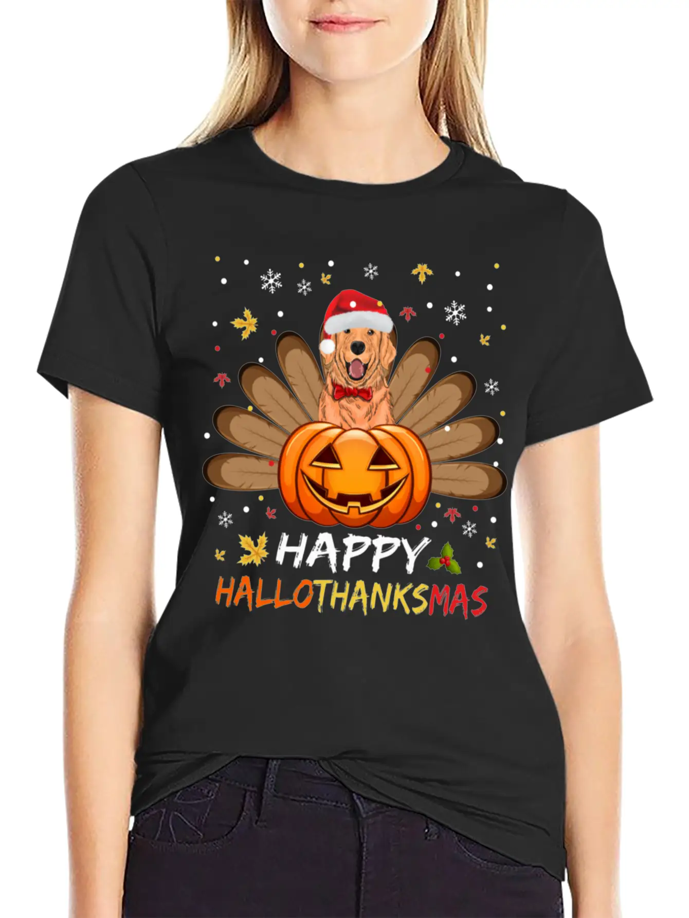 Golden Dog Happy Hallothanksmas Thanksgiving Breathable Soft Cotton T-Shirt – Timeless Casual Look