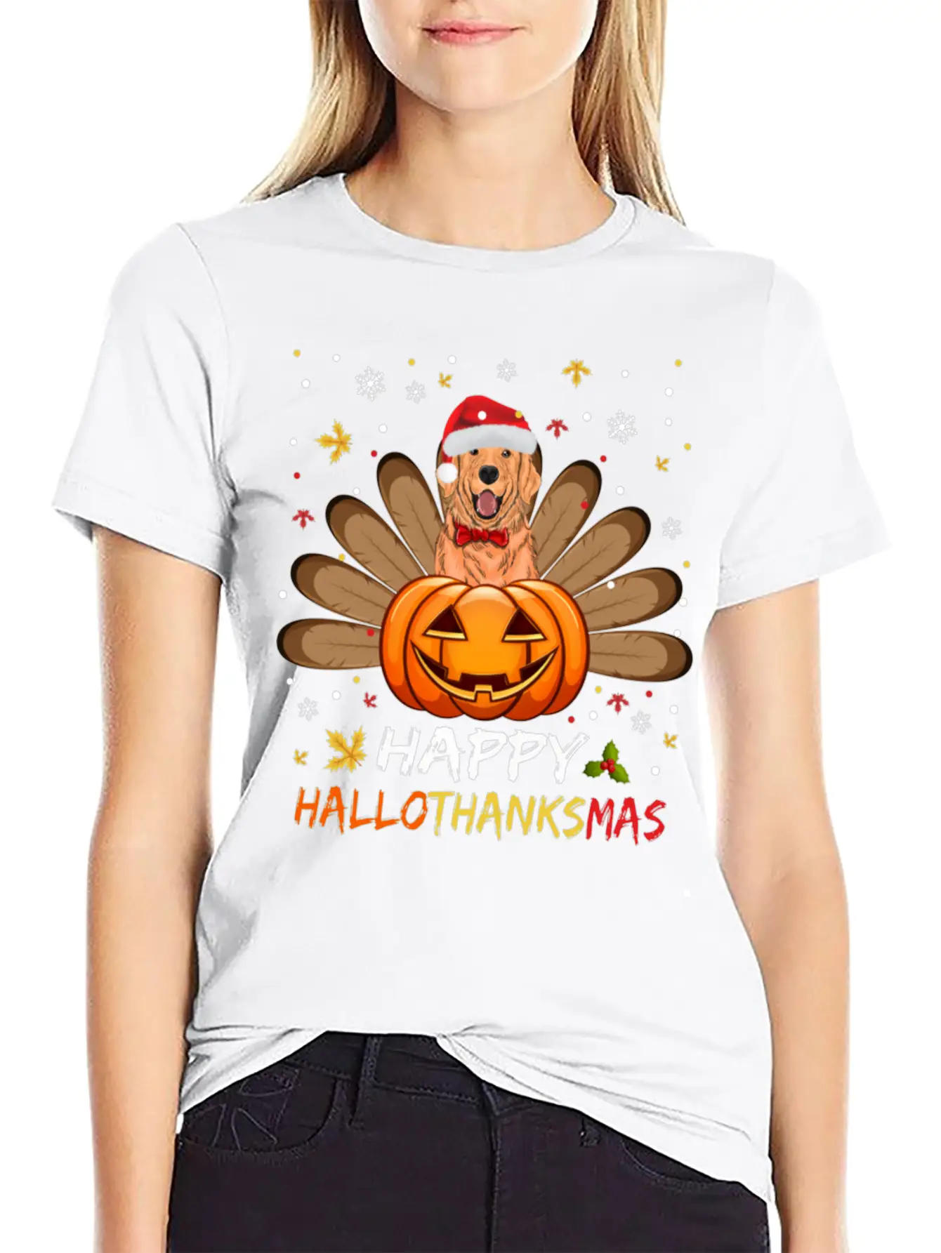 Golden Dog Happy Hallothanksmas Thanksgiving Breathable Soft Cotton T-Shirt – Timeless Casual Look