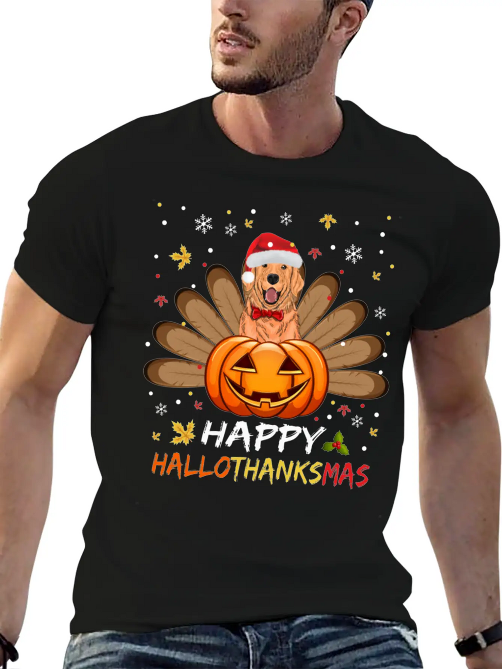 Golden Dog Happy Hallothanksmas Thanksgiving Breathable Soft Cotton T-Shirt – Timeless Casual Look
