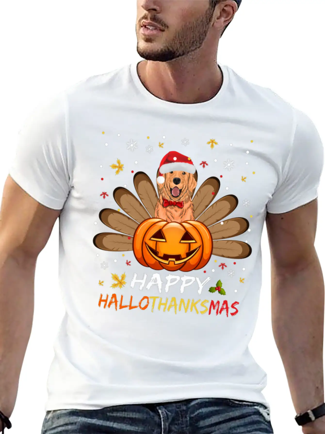 Golden Dog Happy Hallothanksmas Thanksgiving Breathable Soft Cotton T-Shirt – Timeless Casual Look