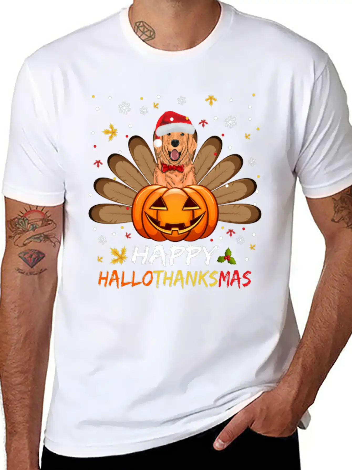 Golden Dog Happy Hallothanksmas Thanksgiving Breathable Soft Cotton T-Shirt – Timeless Casual Look